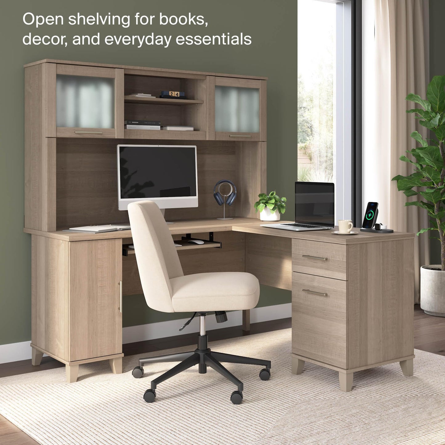 Bush Home 60-Inch Desk Hutch, Office Storage Organizer with Shelves, Cubbies and Frosted Glass Doors for Computer Desk, Home Office Furniture, Somerset Collection, Ash Gray