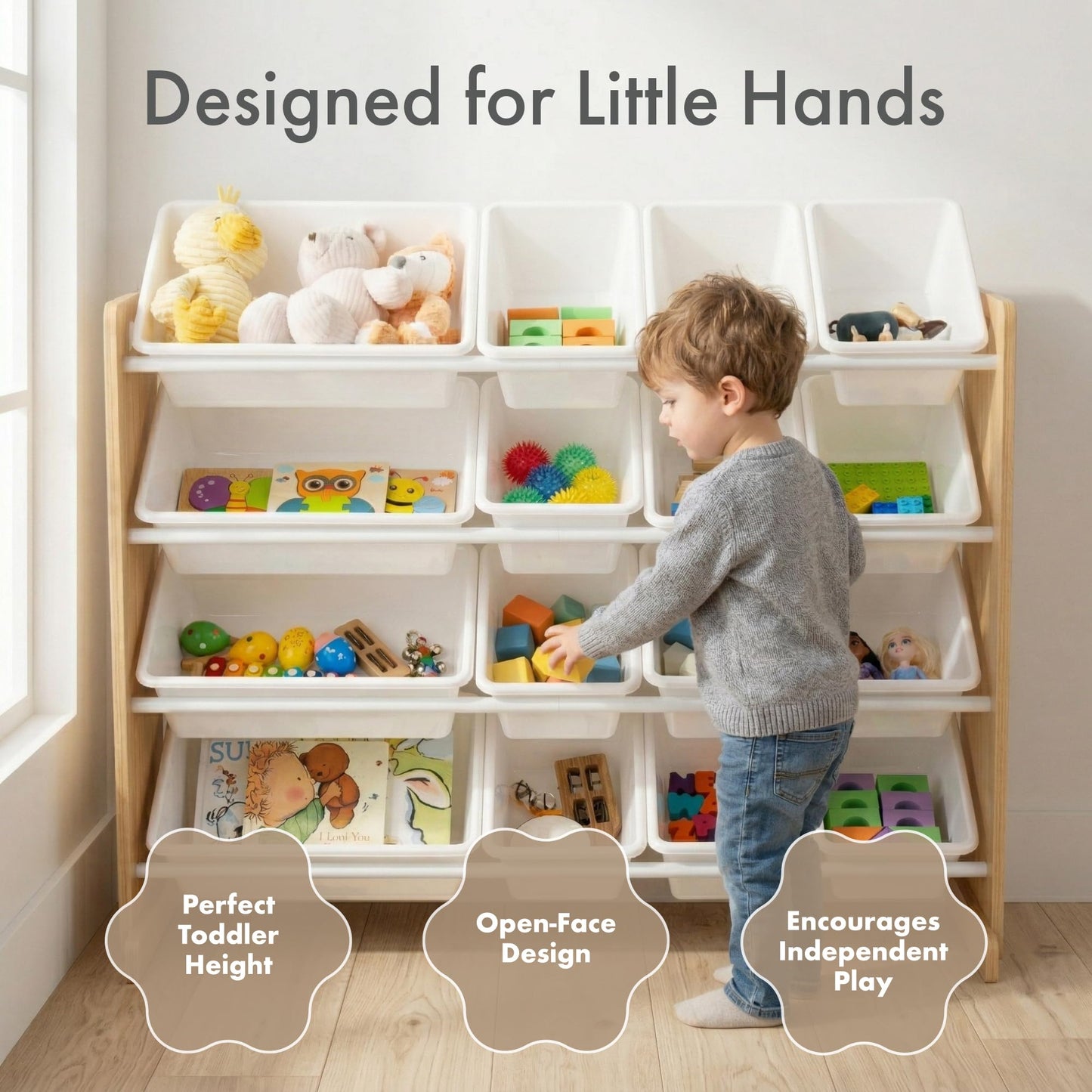 Humble Crew Toy Storage Organizer with 16 Removable Storage Bins for Kids Playroom, 4-Tier Toddler Toy Organization and Storage, Natural Wood/White