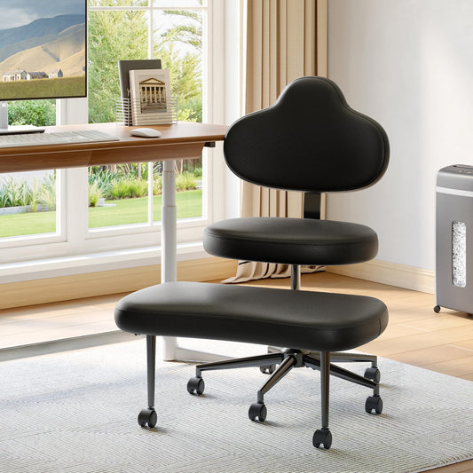 Cross Legged Office Chair with Wheels for ADHD, Ergonomic 360° Swivel Height-Adjustable Meditation Chair for Yoga, Kneeling Chair with 4 inch seat Cushion and Lumbar Support, PU Leather, Black