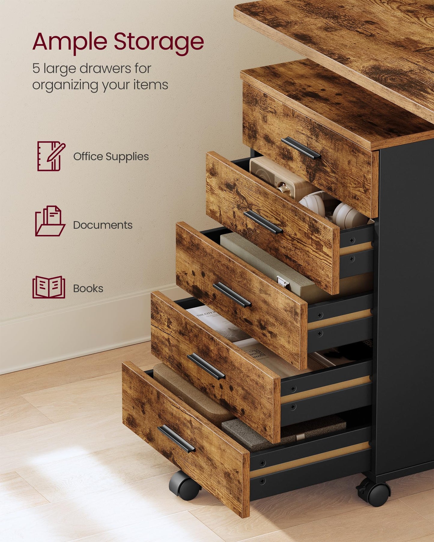 VASAGLE Custos Collection - File Cabinet, Mobile Pedestal Filing Cabinet with Wheels, Printer Stand with 5 Drawers, Tool-Free Sliding Rails, for Study, Home Office, Rustic Brown UOFC081KD01S