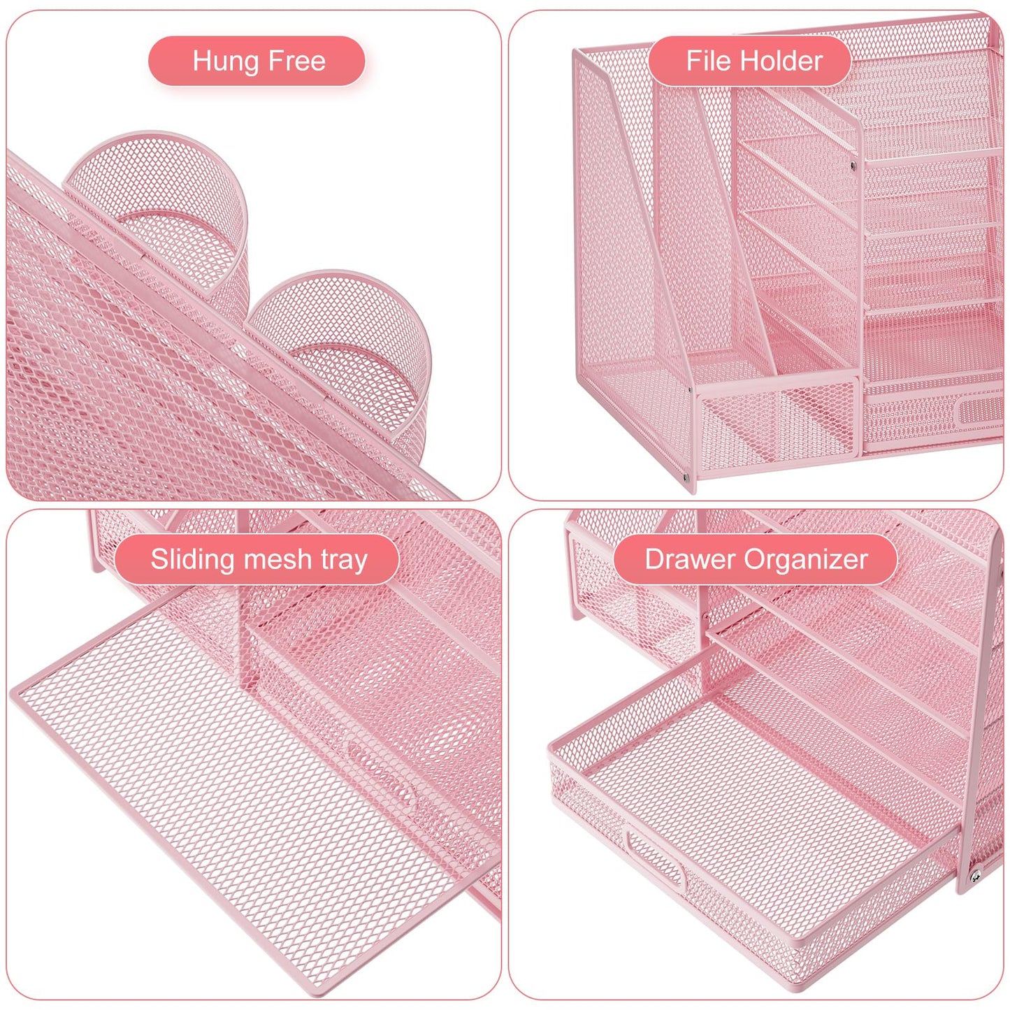 Marbrasse Desk Organizer with File Holder, 5-Tier Paper Letter Tray Organizer with Drawer and 2 Pen Holder, Mesh Desktop Organizer and Storage with Magazine Holder for Office Supplies(Pink)
