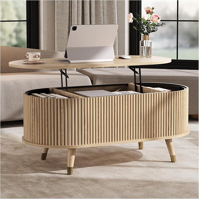 SULIVES Oval Coffee Table with Storage, Small Fluted Center Table