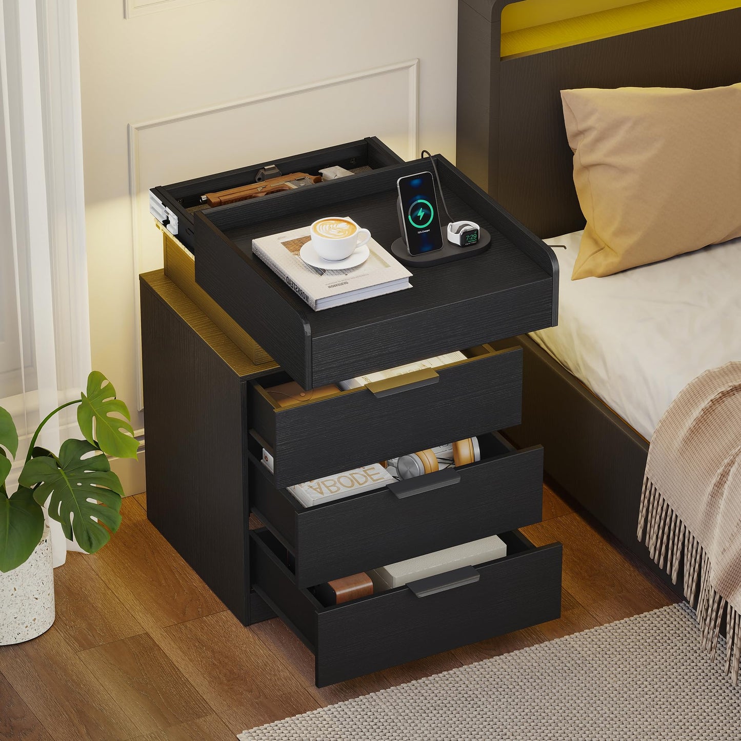 Turosur Night Stand with Gun Drawer, LED Nightstand with Charging Station, Wood Bedside Table with Hidden Storage and 3 Drawers for Bedroom, Modern Black