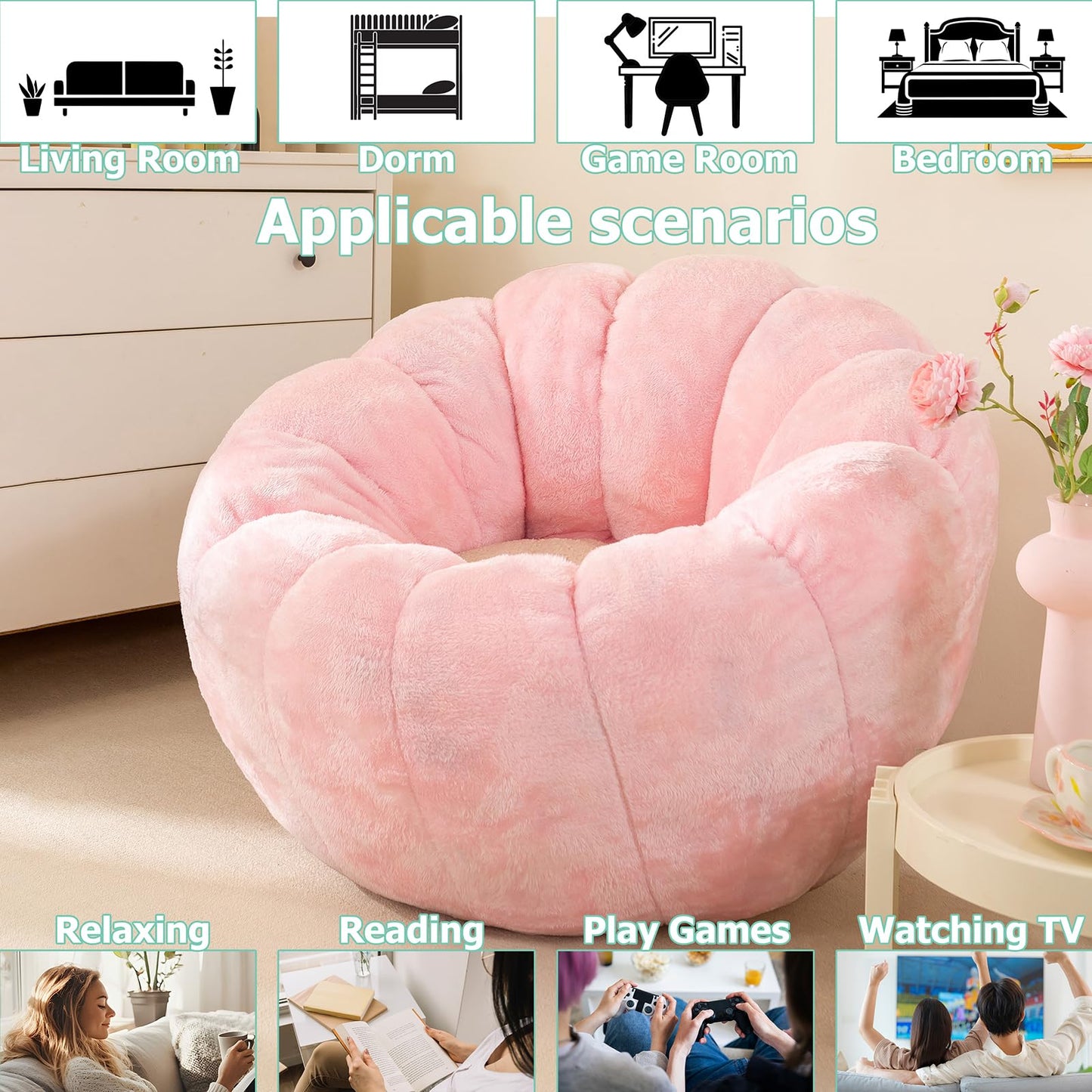 IEVENW Pumpkin Bean Bag Sofa Chair for Adult, Beanbag Couch with Filler for Reading and Relaxation, Comfy and Lazy Sofa for Dorm, Apartment, Living Room and Bedroom, Pink