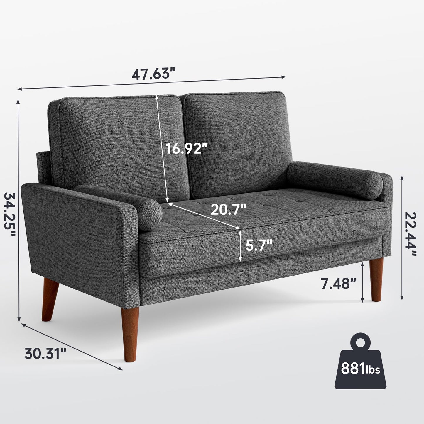 Vesgantti Loveseat Sofa 48" Small Couches for Small Spaces, Love Seat for Living Room, Bedroom, Easy Assembly Mid Century Modern Couch, Charcoal Gray