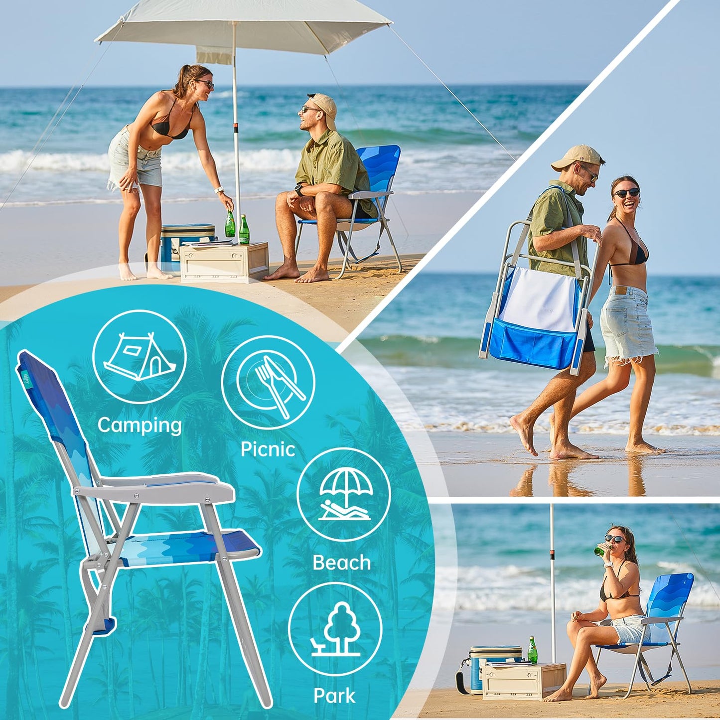 #WEJOY Folding Beach Chair for Adults, Lightweight Beach Chair with Shoulder Straps, High Back Camping Chairs with Hard Armrest, Supports 300lbs for Outdoor Lawn Concert (Dark Blue White)