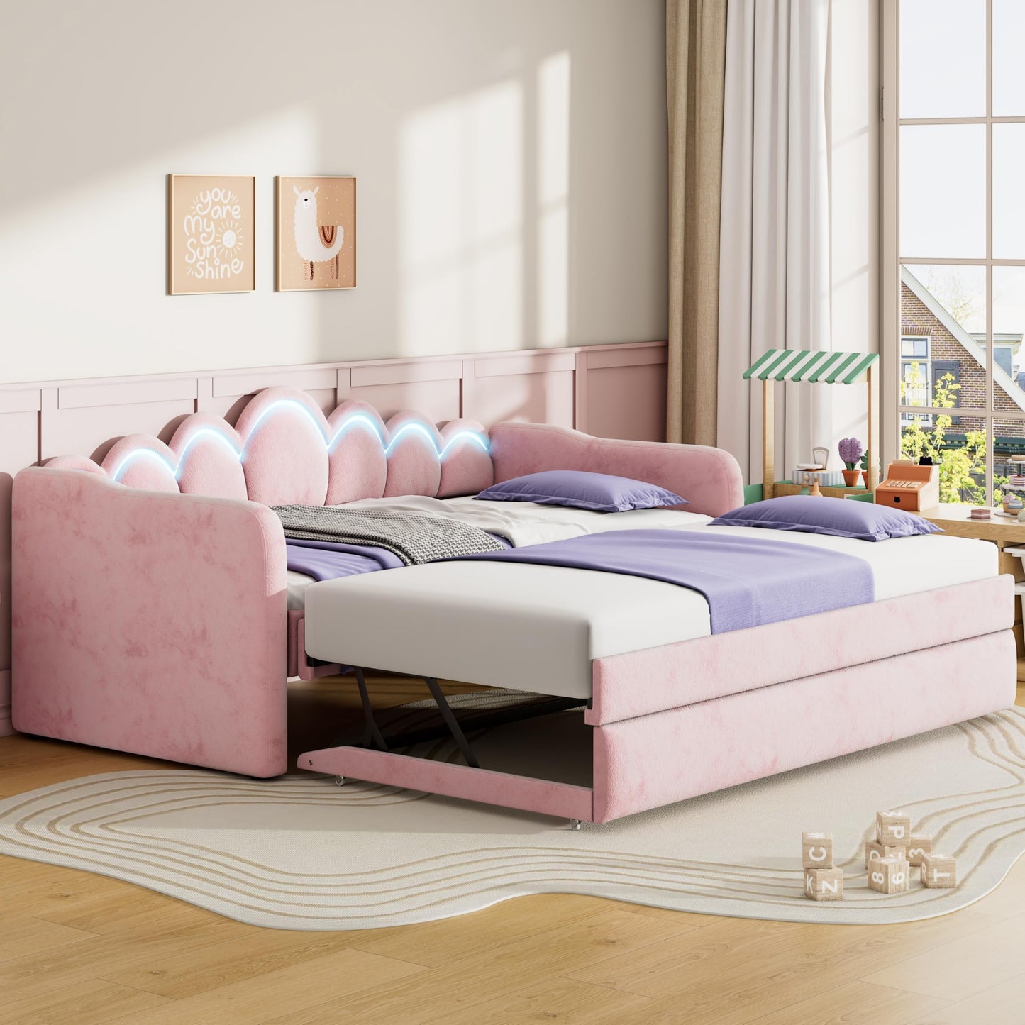 QVUUOU Upholstered Twin XL Daybed with LED Light and Trundle, Pink - Cozy Comfort with Pull-Out Guest Bed