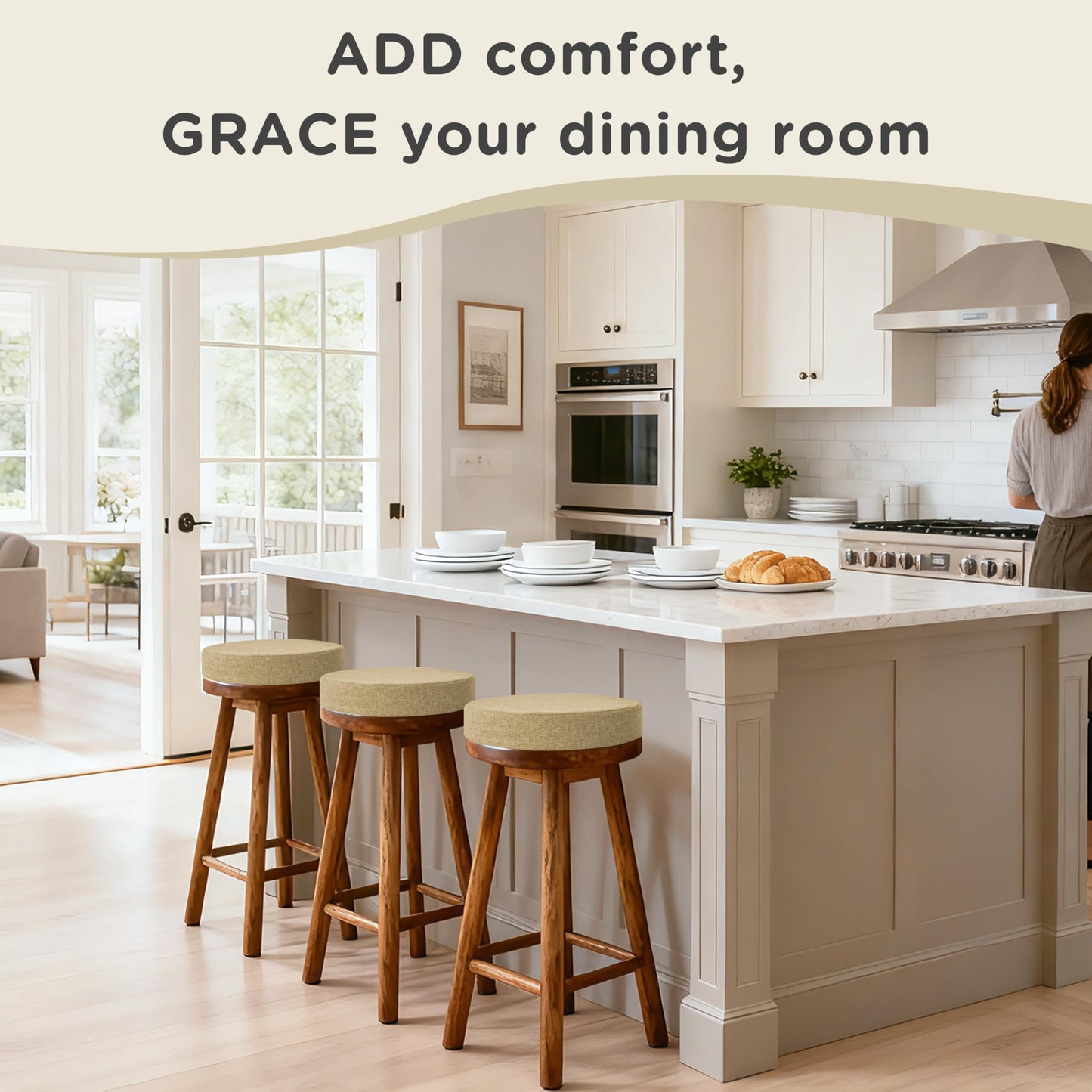 AddGrace 2.5" Thick Non Slip Round Chair Pad 1 Pack, 16" Round Chair Cushion with Machine-Washable Cover and Long Zipper, Seat Cushions for Kitchen, Office, Floor and 16" Ottoman, Beige