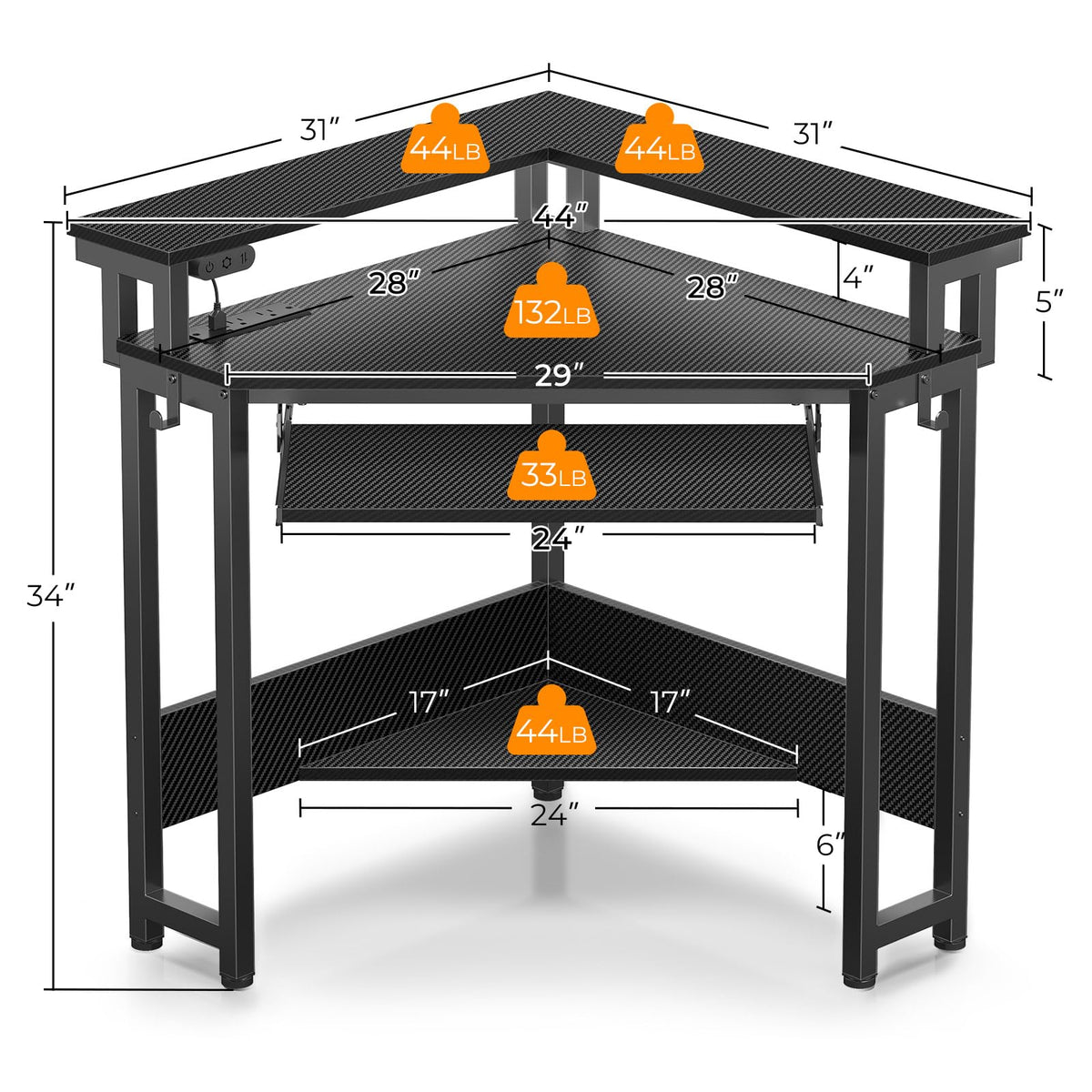 Rolanstar Corner Desk,44" W x 34" H Small Computer Desk with Power Outlets, Gaming Desk with LED Lights, Triangle Corner Table with Keyboard Tray & Monitor Stand for Small Space, Black