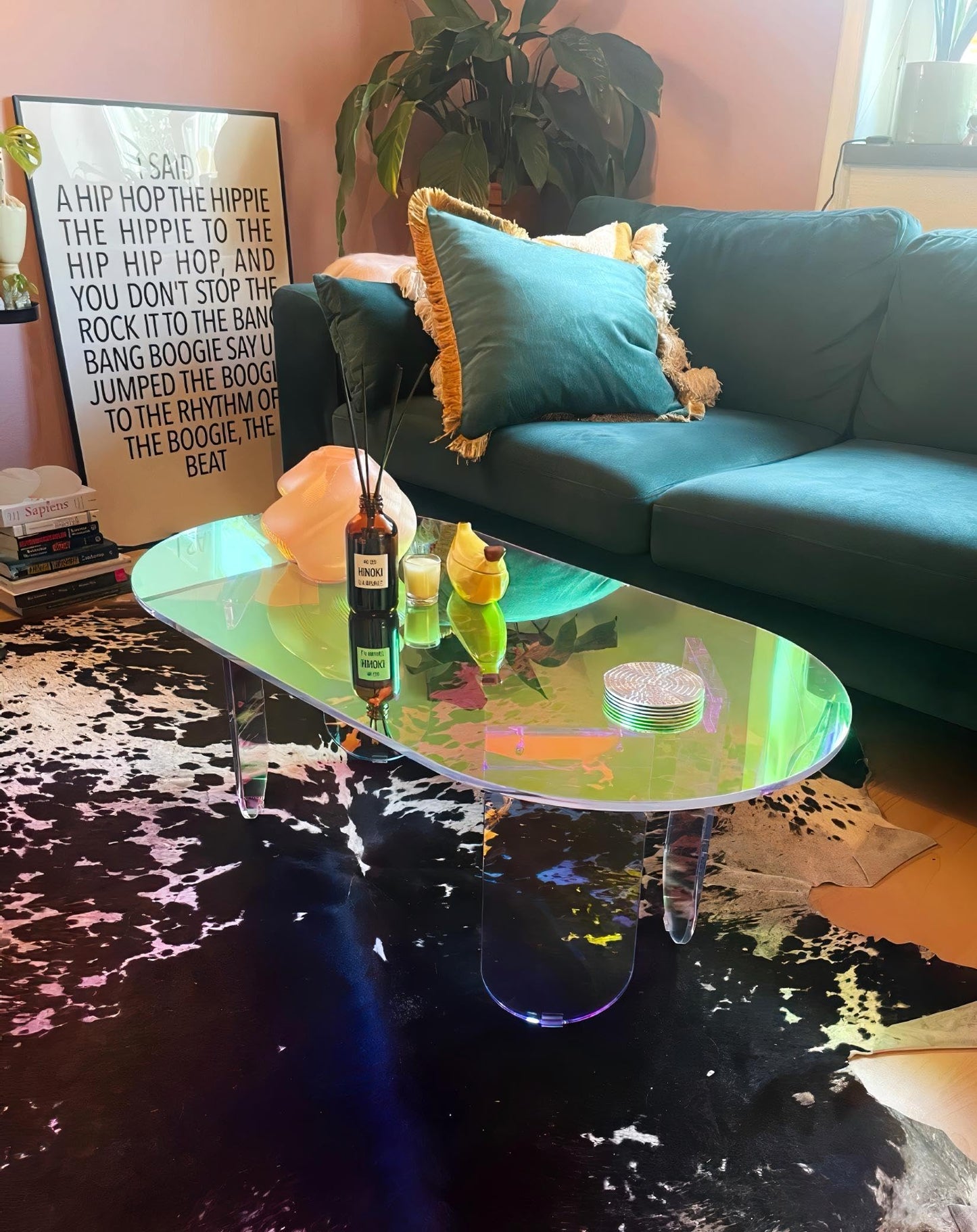 Artloge Iridescent Acrylic Coffee Table: Colorful Small Accent Clear Table
