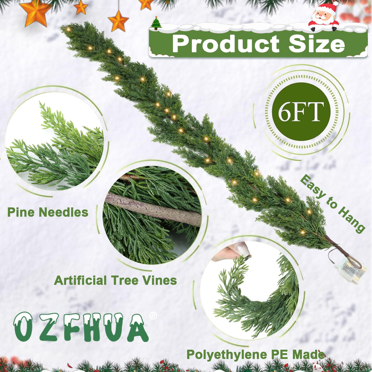 OZFHUA 6 FT Christmas Garland Pine Garland with Lights for Table Mantle Background Christmas Decorate Wall Room Outdoor Indoor Winter Decoration