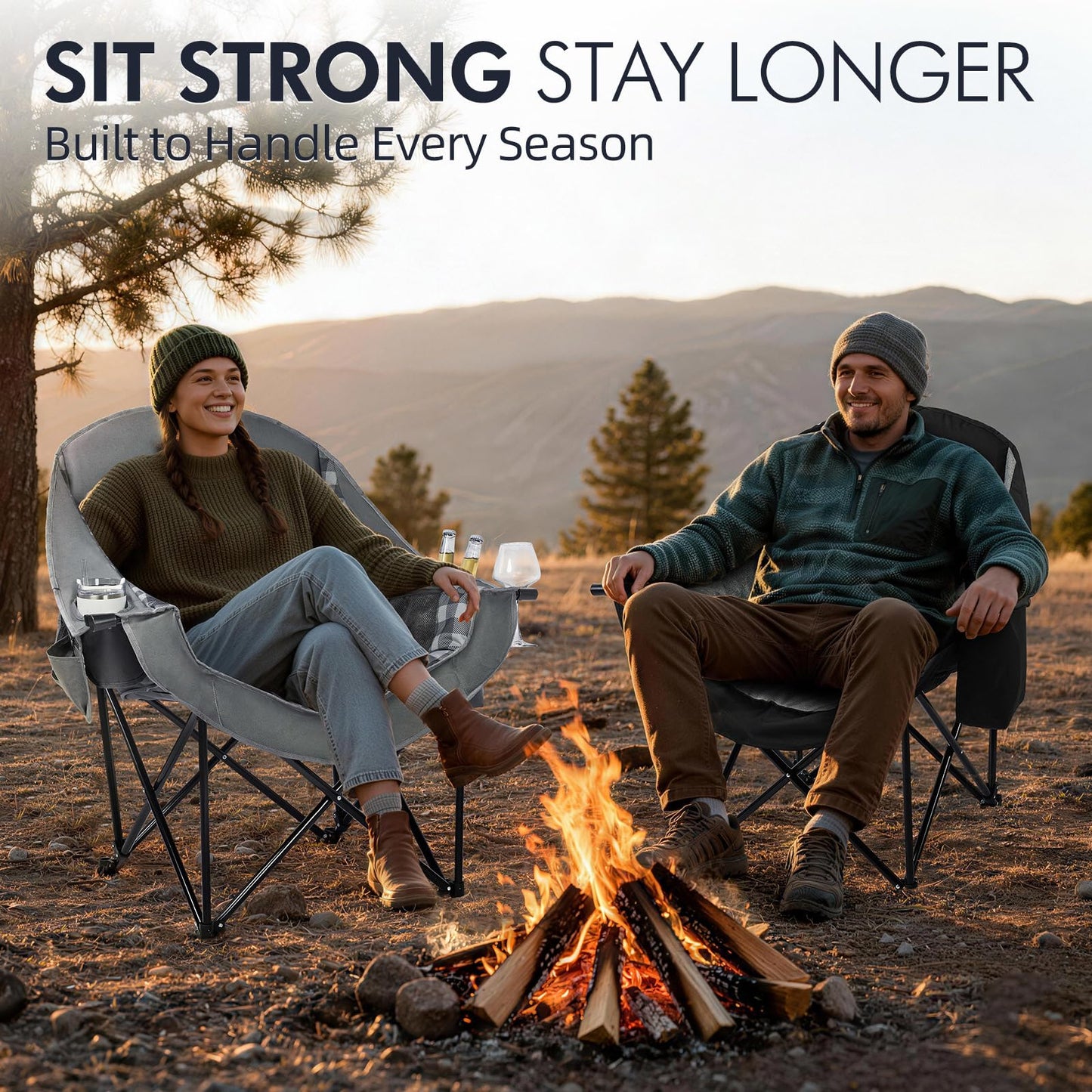 Oversized Camping Chair for Adults - Heavy Duty Outdoor Padded Large Lawn Camp Chair with Cup Holder Cooler Pockets for Sports Beach Fishing Garden Portable Supports 500lbs, Black/Grey 2 Pack