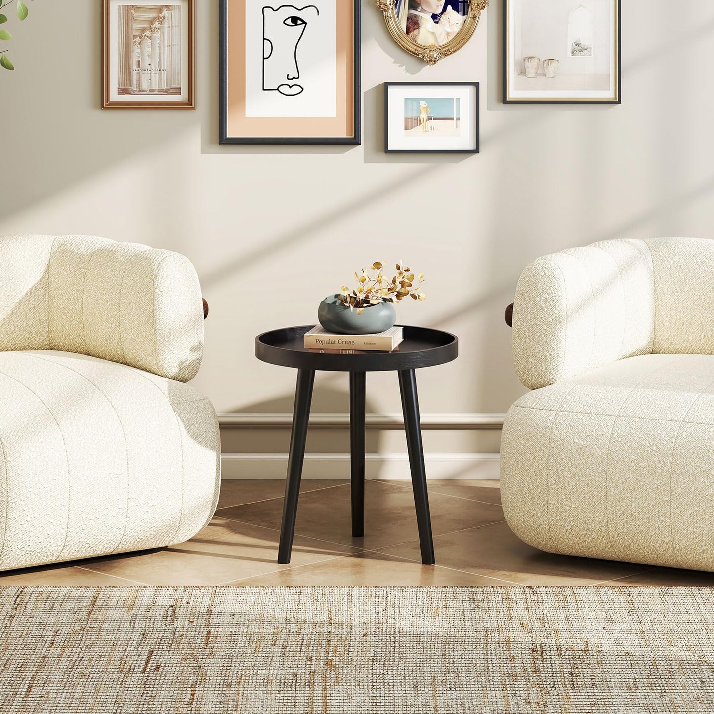 Giantex Round End Table, Mid Century Modern Side Table with Wooden Tray & Bamboo Legs, Sofa Couch Accent Table, Small Coffee Table for Small Space Living Room, Nightstand for Bedroom, Black