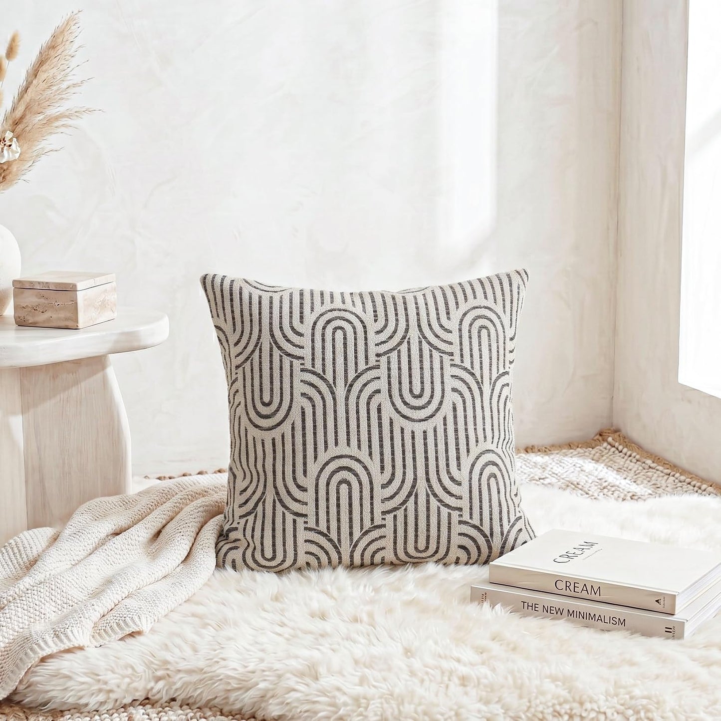 Jonhier Textured Curved Geometric Decorative Throw Pillow Cover, Modern Boho Neutral Square Cushion Case for Sofa Couch Bed, Mid Century Farmhouse Khaki Cozy Accent Pillowcase, 20 x 20 Inch