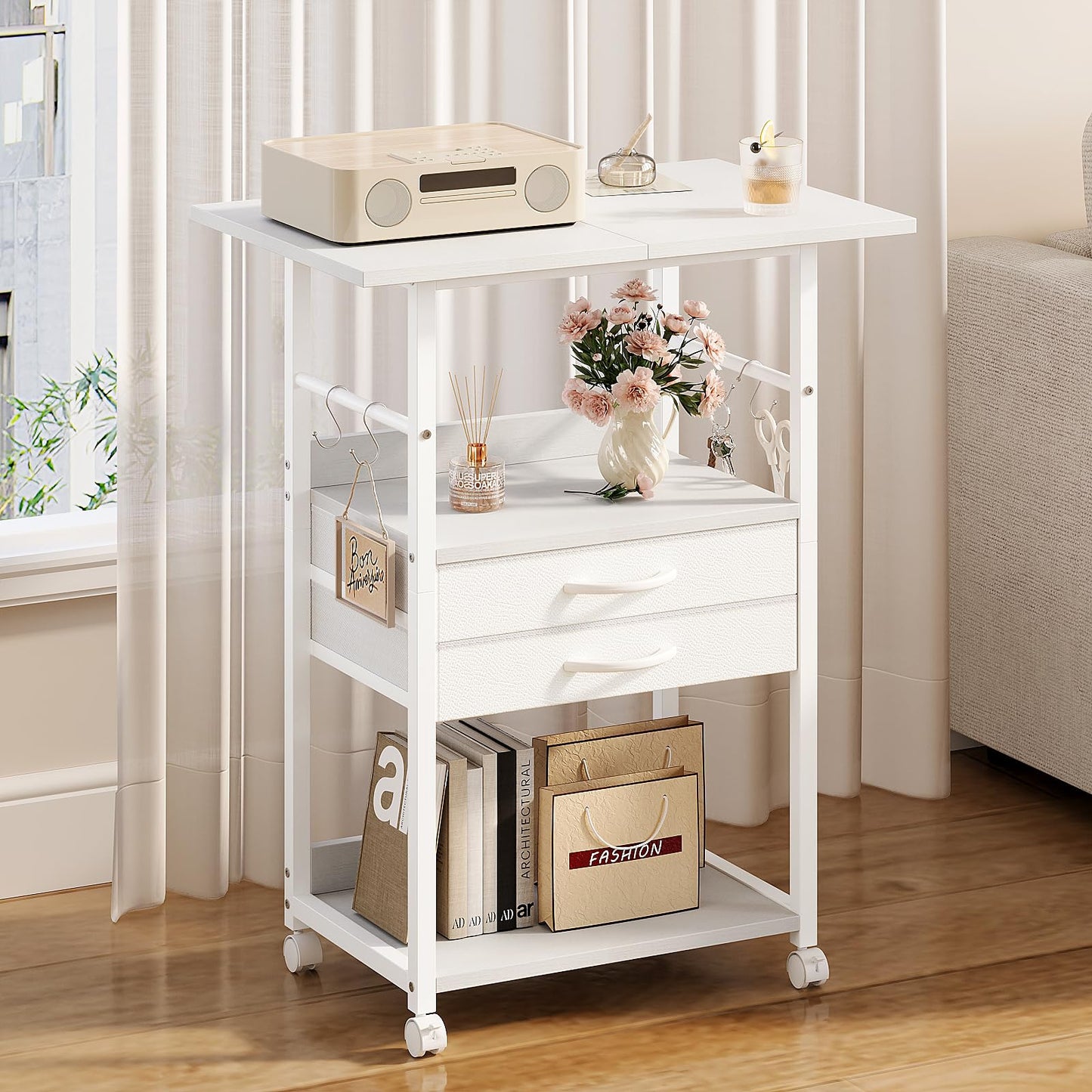 VENNQD Large Printer Stand with Storage Fabric Drawer Under Desk Printer Table with Wheels for Home Office, Printer Cart fit Fax Machine Scanner (White, 3 Tiers)
