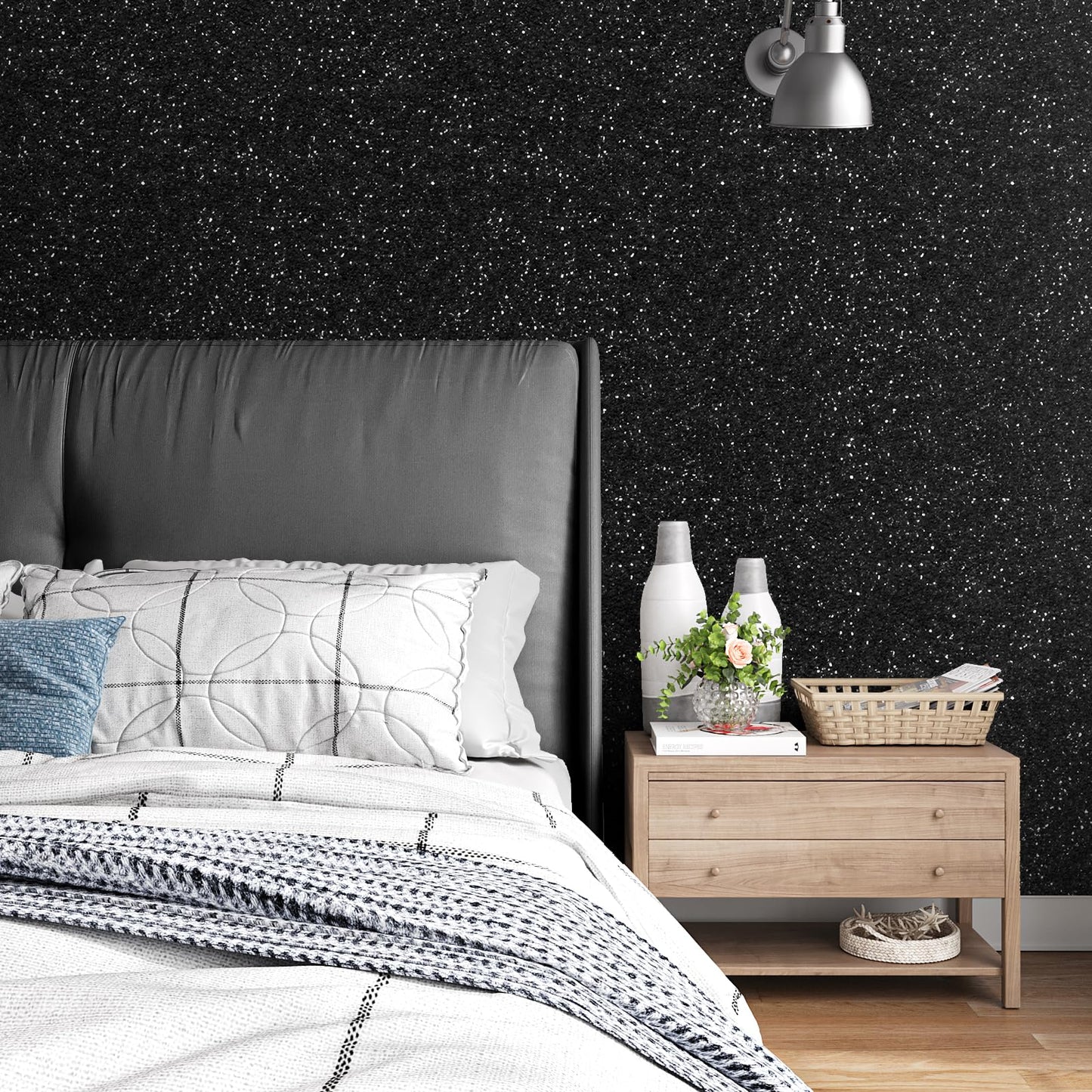 VEELIKE Luxury Black Chunky Glitter Peel and Stick Wallpaper 15.7''x354'' Self Adhesive Black Sequin Wallpaper for Bedroom Accent Wall Removable Glitter Fabric Vinyl Roll for Room Decor Furniture