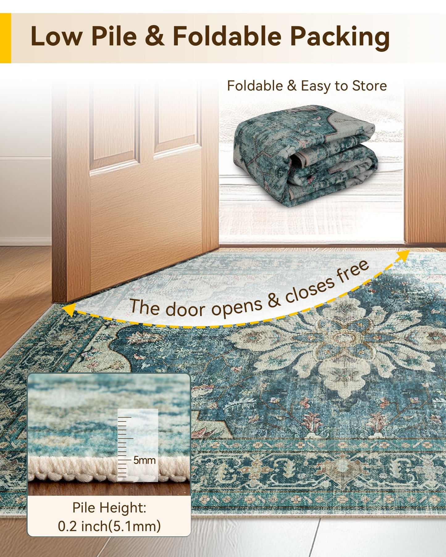 RELEANY Area Rugs 8'x10' Washable Non-Slip, Floral Vintage Distress Medallion Carpet for Living Room Bedroom Dining Room, Dark Blue Vintage