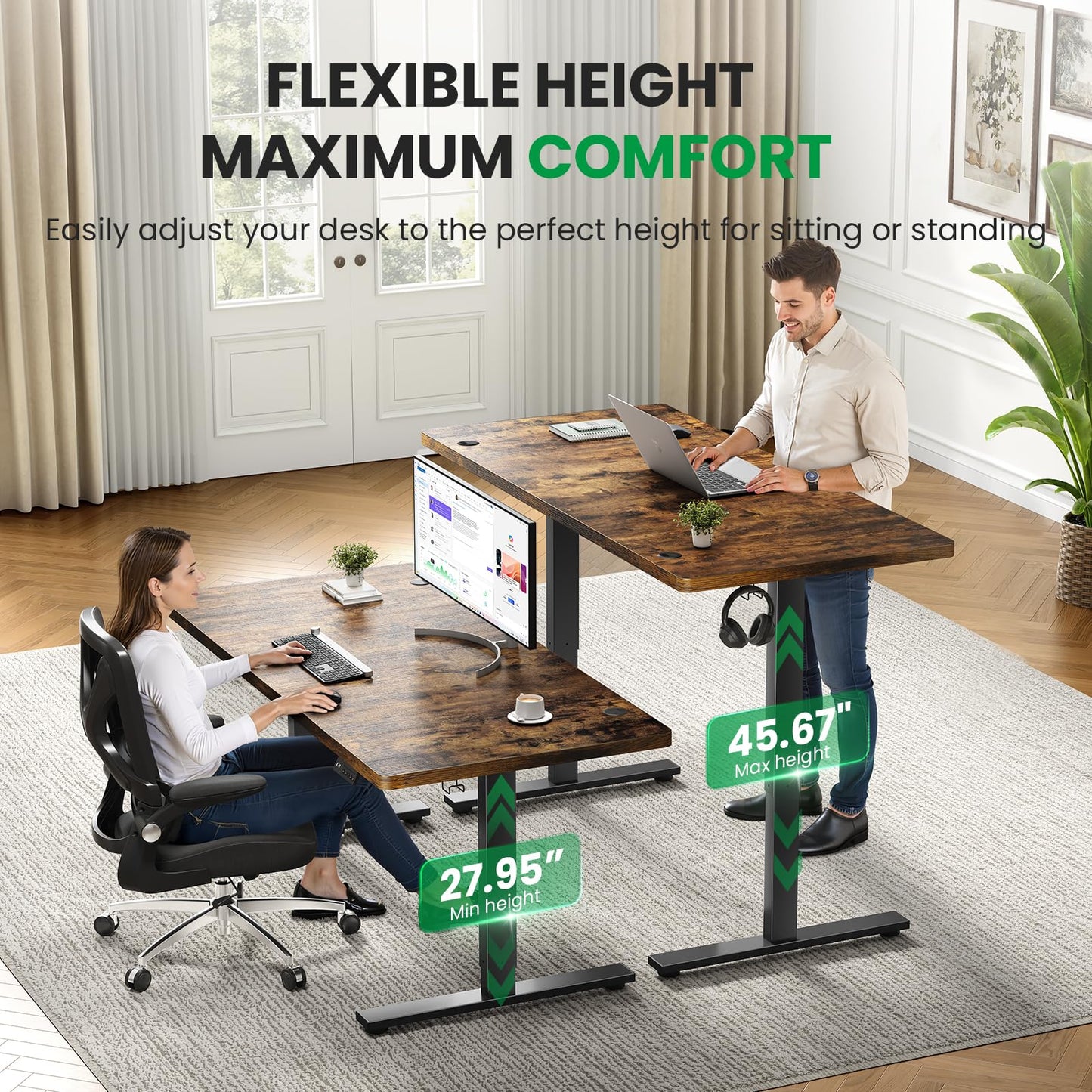 DeskShow 1 Inch Thick Tabletop Electric Standing Desk Adjustable - 60x28 Inch Sit Stand Desk, Double Beam Frame, 3 Memory Height Adjustment, Cable Management for Home Office