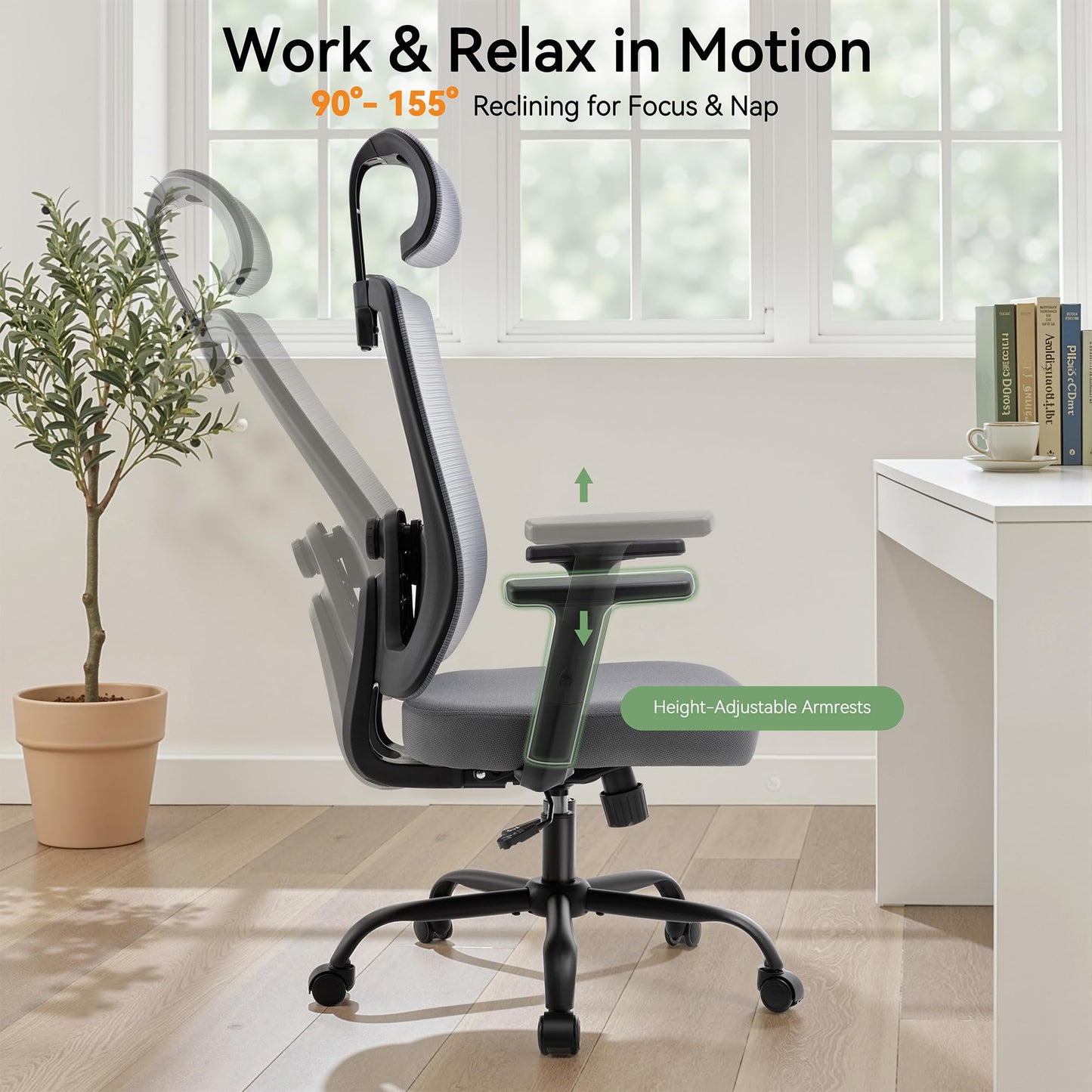 Meilocar Ergonomic Office Chair, Office Desk Chair with High Back Mesh and Adjustable Lumbar Support, Rolling Work Chairs with Wheels and Adjustable Headrests, Wide Cushion, Grey