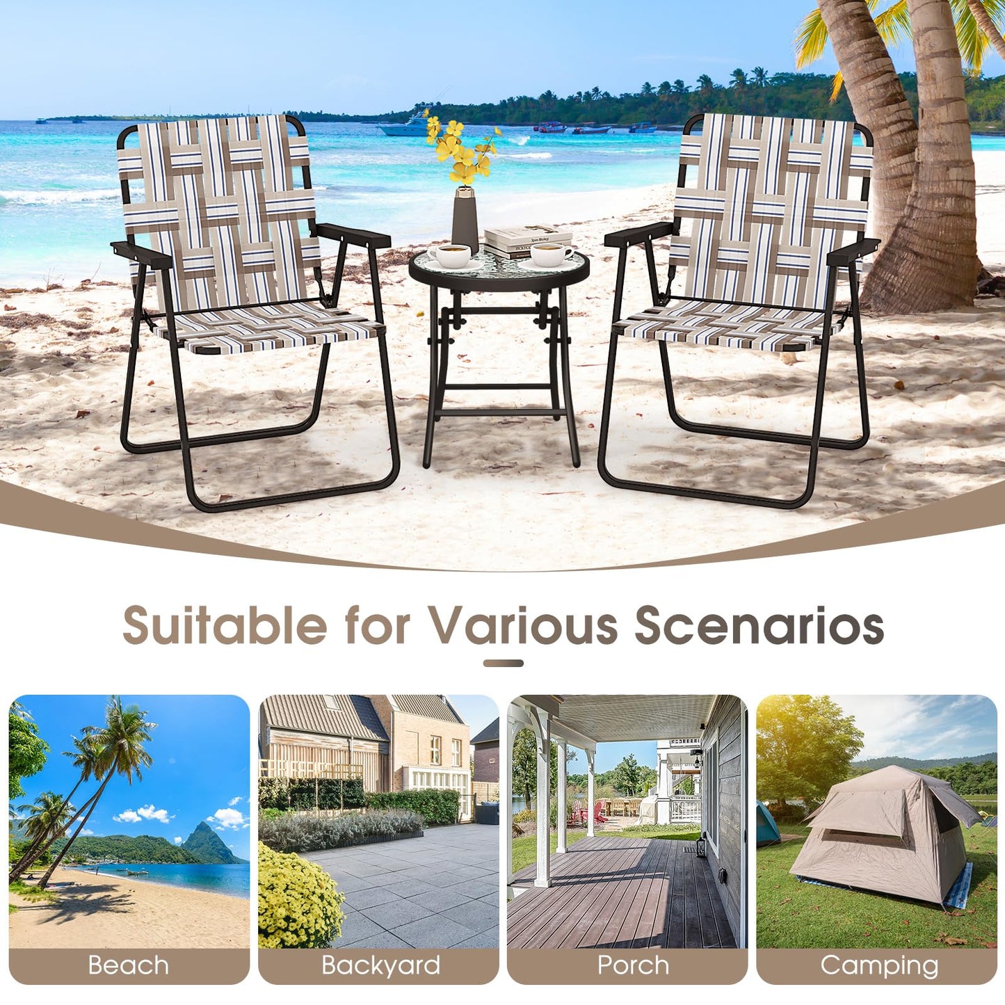 Giantex Beach Chairs for Adults 6-Pack - Camping Chair with Steel Frame, Set of 6 Lightweight Folding Directors Chairs, Outdoor Webbing Chair for Patio, Fishing, Yard, Poolside Lawn (Khaki)