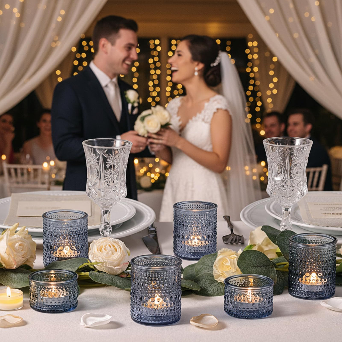 NITIME Blue Glass Votive Candle Holders Set of 24, Assorted Heights Polka Dot Tealight Candle Holders for Table Centerpiece, Blue Candle Holder Decor for Wedding, Baby Shower Party & Spa