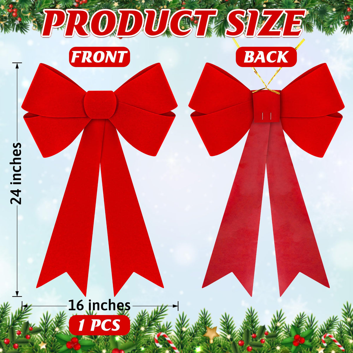 1 PCS Christmas Decorations, 16x24 In Large Christmas Bows, Red PVC Velvet Bows for Christmas Tree, Indoor Outdoor Holiday Xmas Decor Home Wreath Fence Stairs Railing Fireplace Front Door Supplies