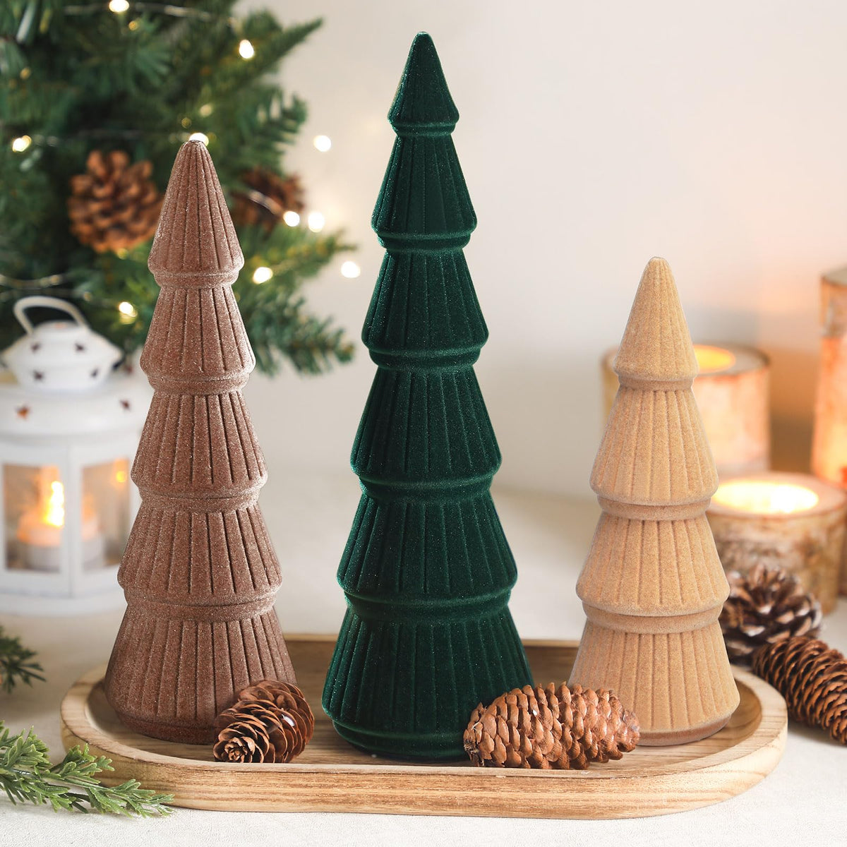 Bucherry 3 PCS Velvet Christmas Tree Figurines Decoration - 8" 10" 14" Modern Cone Christmas Tabletop Home Rustic Centerpiece Set for Winter Holiday Mantel Entryway Party Decor(Green and Khaki)