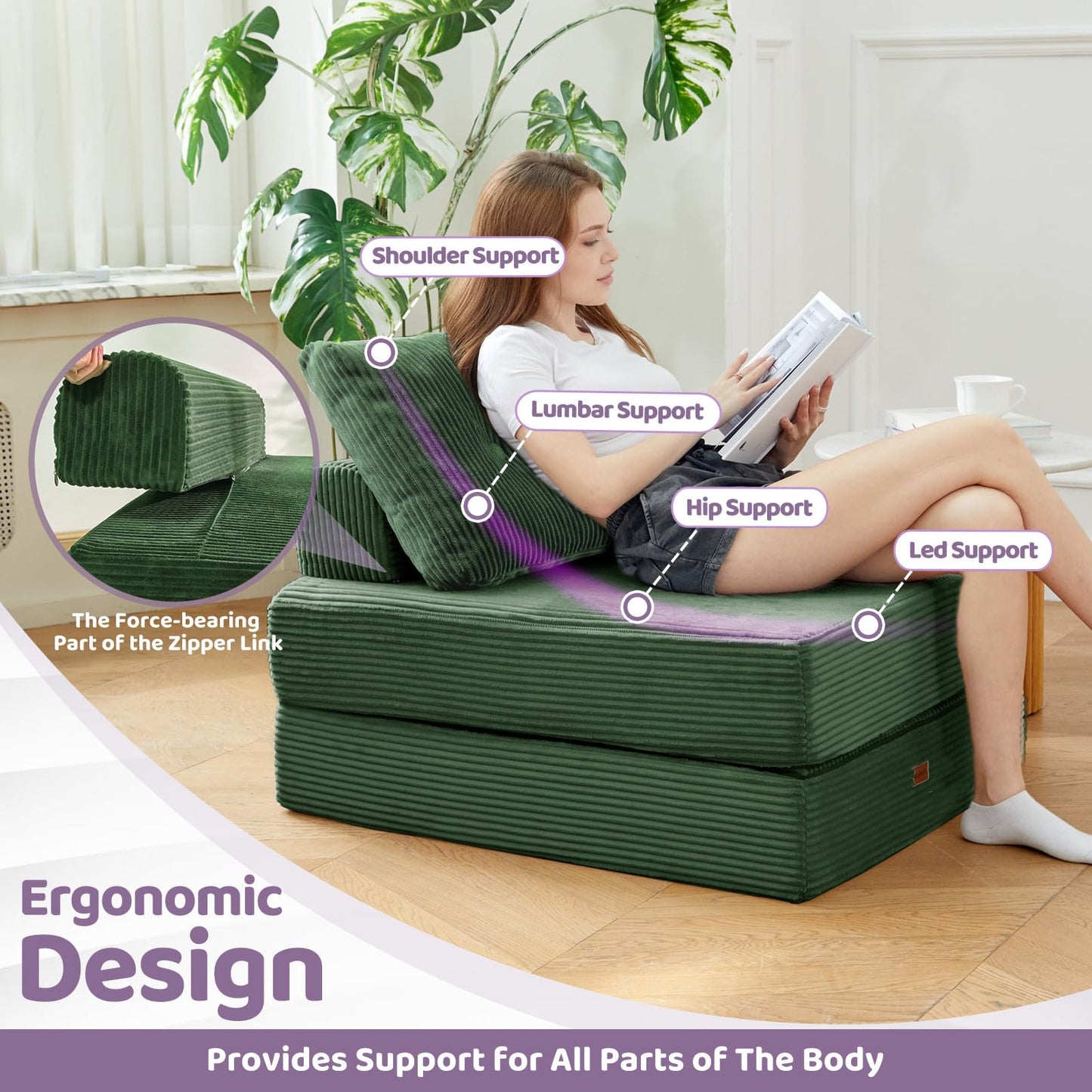 PIASHJOY Folding Sofa Bed,3-in-1 Convertible Sleeper Chair Corduroy High-Density Foam with Pillow,Fold Out Chair Bed,Foldable Single Futon Chair for Living Room、Hotel,Single, Emerald Green