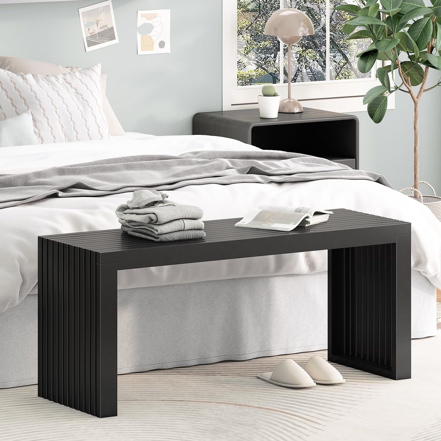 Toolola Bamboo Dining Bench, 35-inch Sleek Design Entryway Shoe Rack Bench, Indoor Kitchen Table Bench, Waterproof Outdoor Bench, Black
