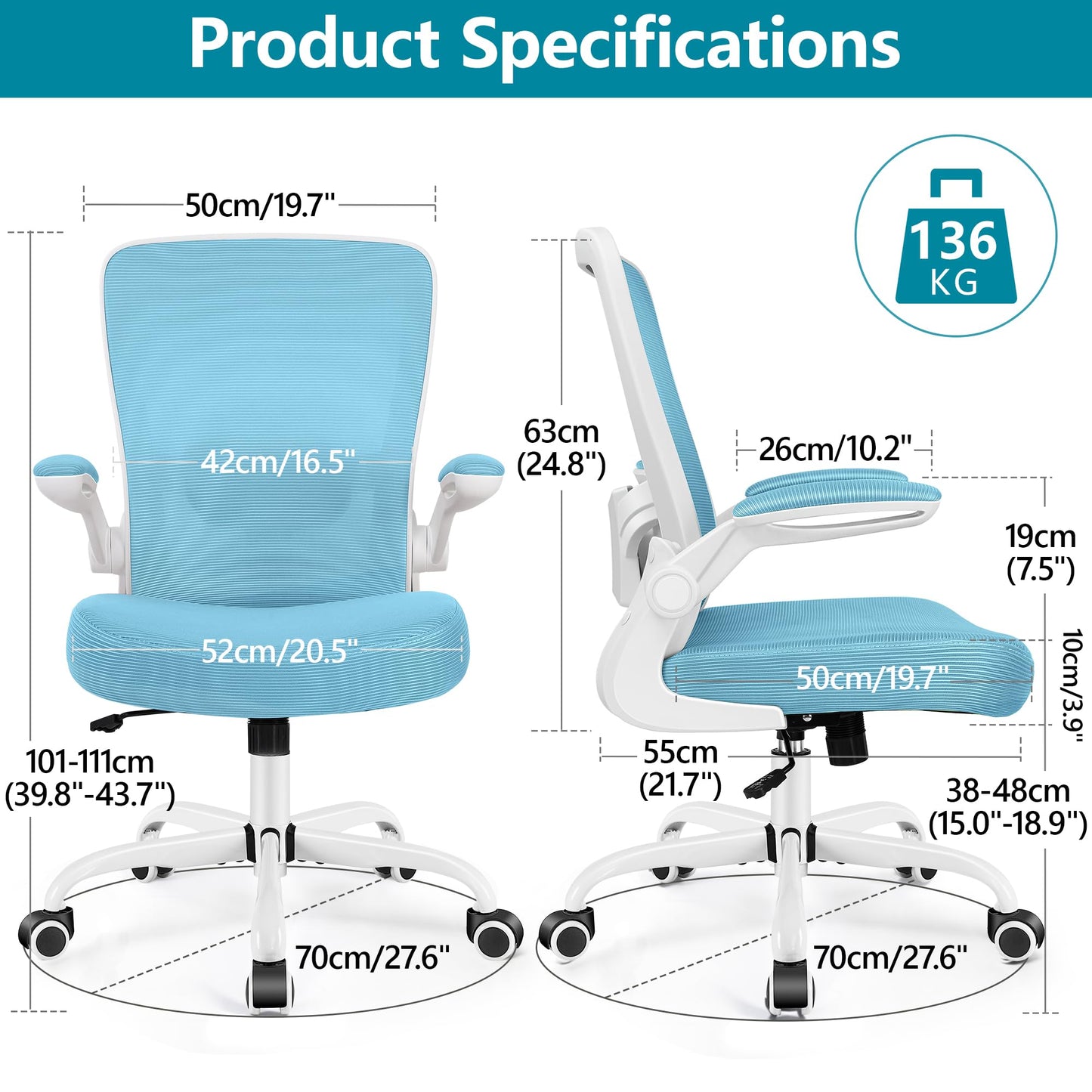 FelixKing Office Chair, Ergonomic Desk Chair Breathable Mesh Chairs Adjustable High Back Lumbar Support Flip-up Armrests, Executive Rolling Swivel Comfy Computer Chairs Home Office Blue