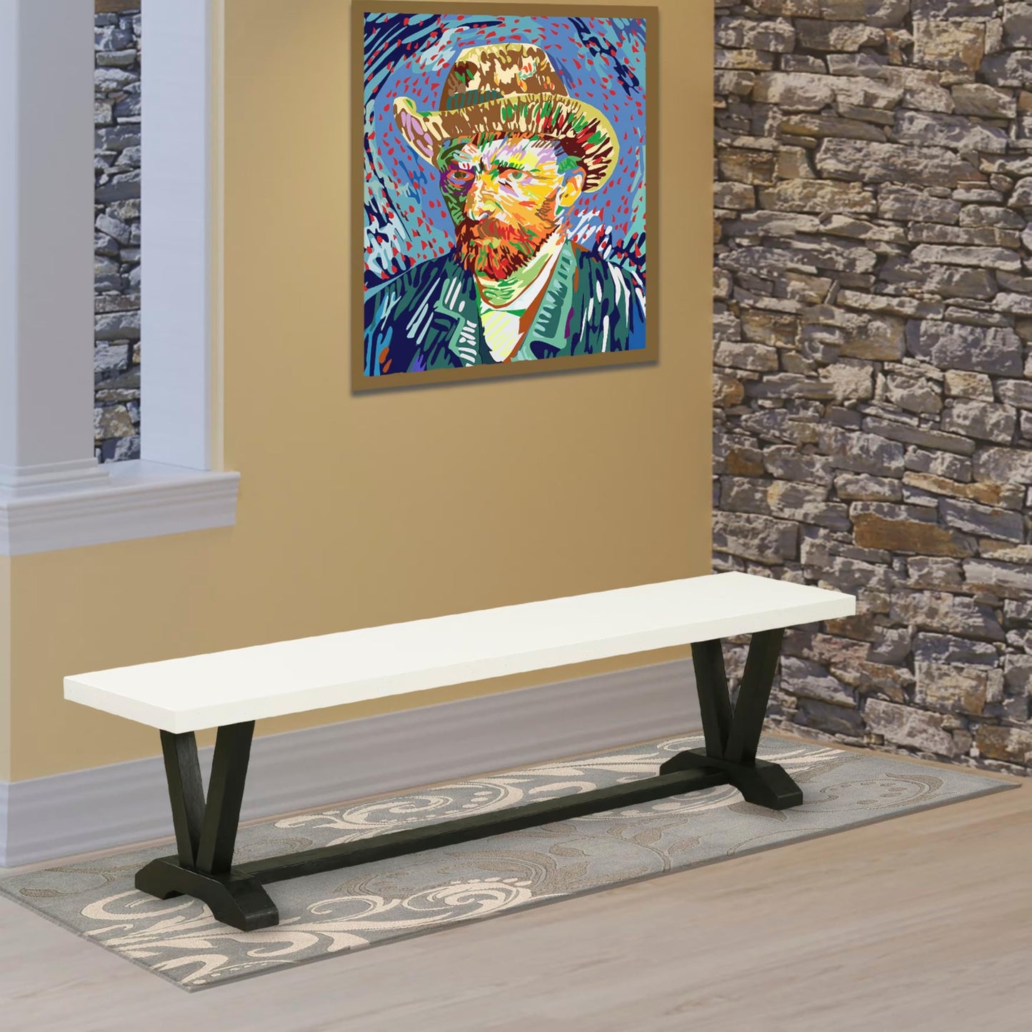 East West Furniture VB627 V-Style Mid Century Modern Dining Bench with Wooden Seat, 72x15x18 Inch, Multi-Color