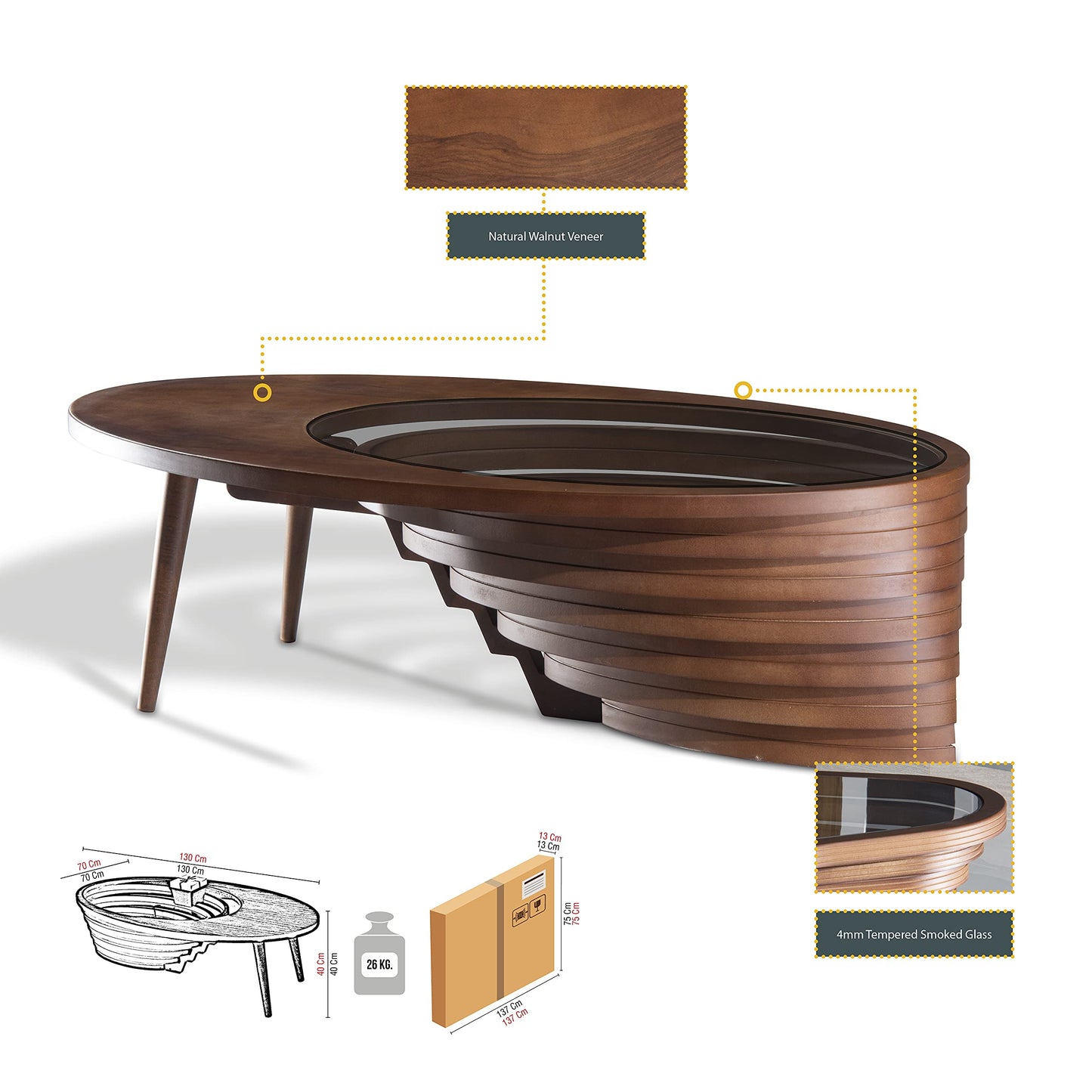 Papella Design Natural Walnut Veneer Coffee Table – Glass Top, Modern, Rustic, Industrial & Minimalist Design for Living Room Decor | Designer Center Table, Home Decor, Living Room Furniture.
