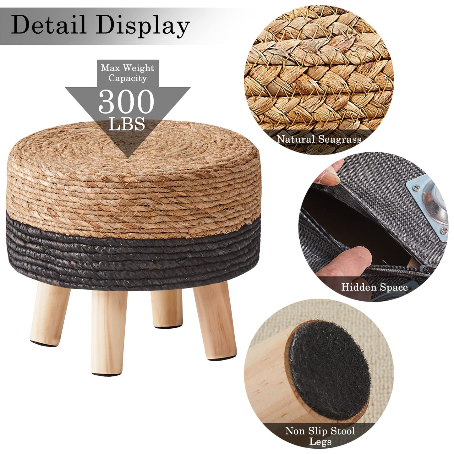 Cpintltr Ottoman Natural Seagrass Footrest Poufs Hand Weave Round Foot Stool for Couch Desk Soft Step Stool Padded Foot Rest with Pine Legs for Living Room Bedroom Natural/Black