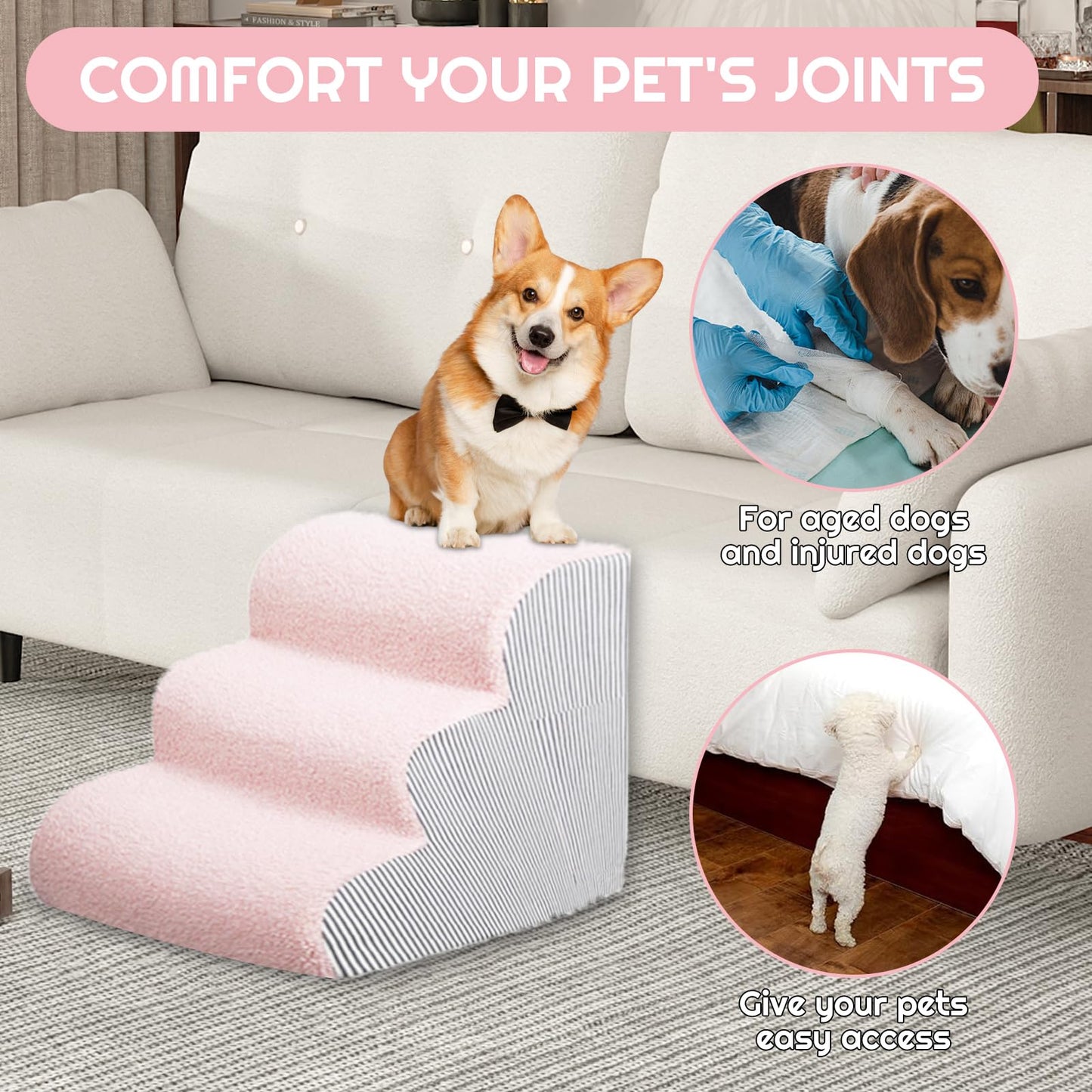 Dog Stairs for Bed 13.7" H, 30D Foam 3-Step for Sofa,Curved Stairs for Puppy,Pet Steps for Couch for Small Dogs and Cats or Pets Friendly