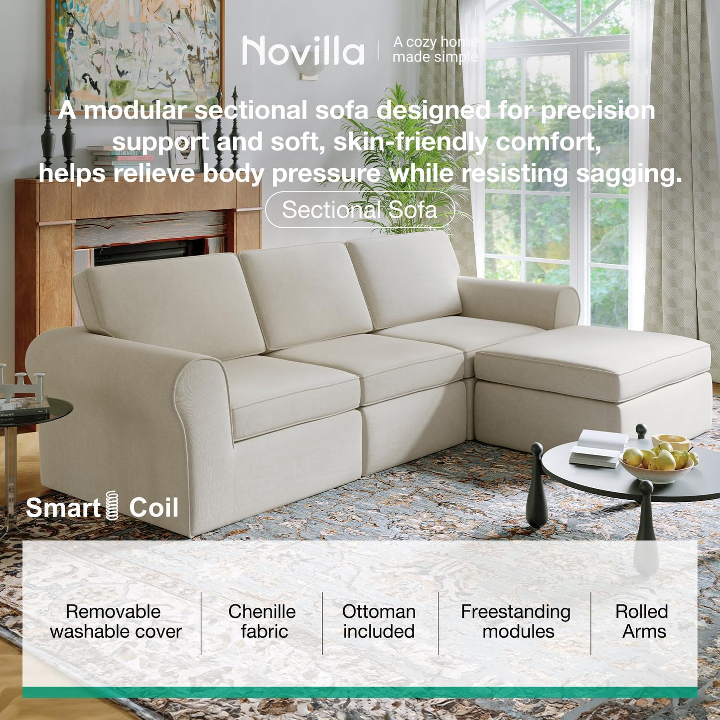 Novilla 108" Modular Sectional Sofa, Modular Sectional Couches for Living Room Bedroom, Chenille Removable Cover Cloud Couch Sectional with Smarts Coil® Support L-Shaped Couch(Beige, Ottoman)