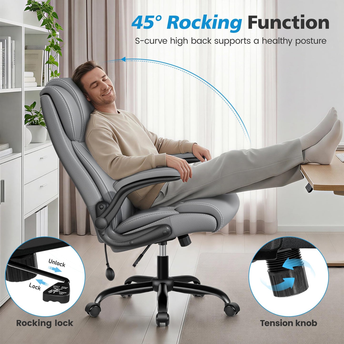 Stella Mia Ergonomic Office Chair – High Back Computer Desk Chair with Inflatable Lumbar Support & Flip-Up Arms, Heavy Duty PU Leather Executive Chair, Wide Seat, Long Hours, Light Gray