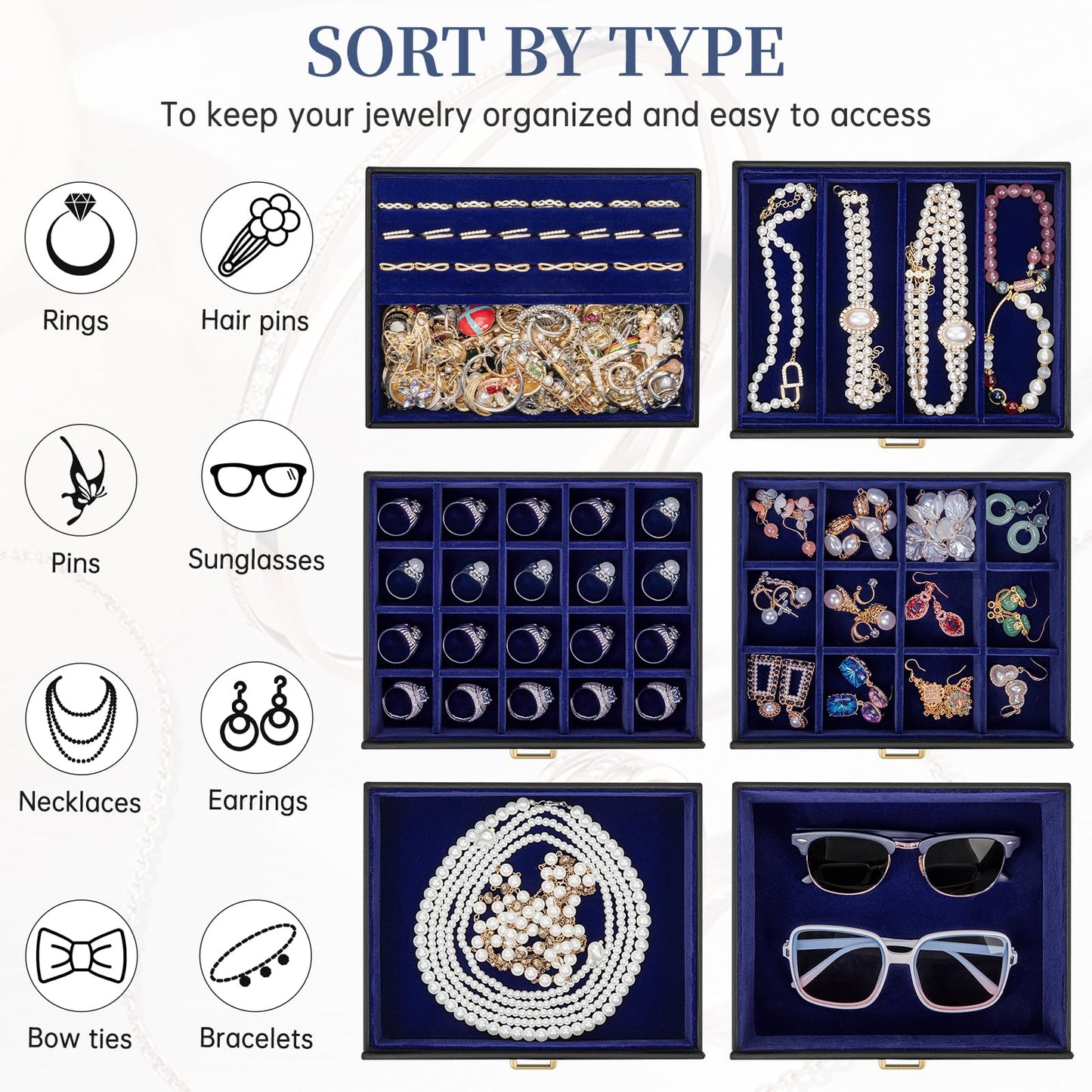 AKOZLIN 6-Tier Jewelry Box Organizer Functional 5 Drawers Leather Jewelry Storage Case for Women Girls Ring Necklace Earring Bracelet Holder Organizer with Mirror Extra Large BlackBlue
