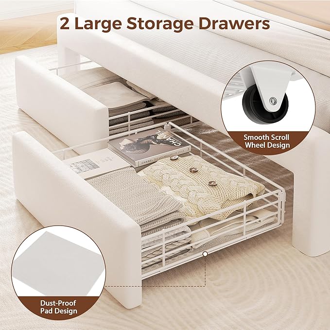 Full Size Bed Frame with LED Storage Headboard & 2 Storage Drawers, Velvet