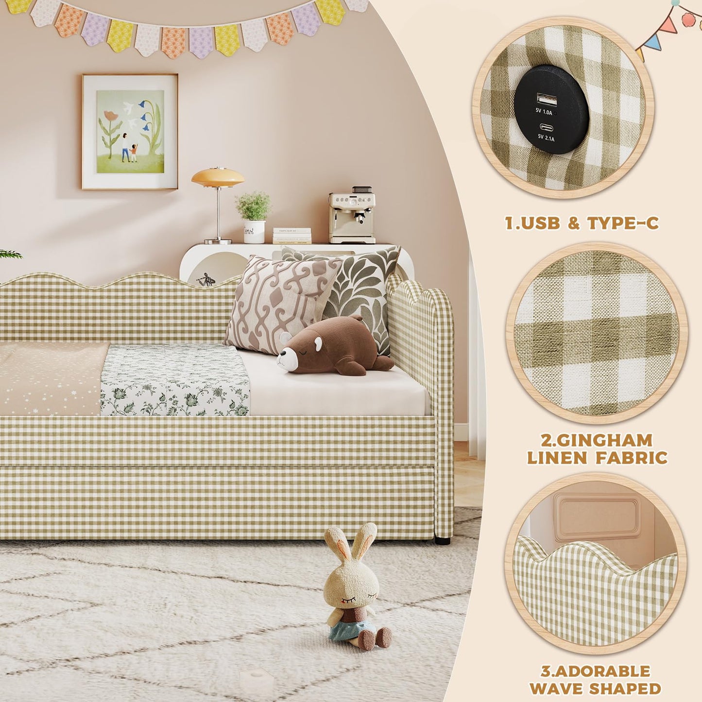 Twin Size Daybed with Pop Up Trundle, Twin to King Gingham Daybed with USB, Upholstery Adorable Wave Shaped Linen Sofa Bed, No Box Spring Needed, Extendable Day Bed for Bedroom, Living Room, Brown