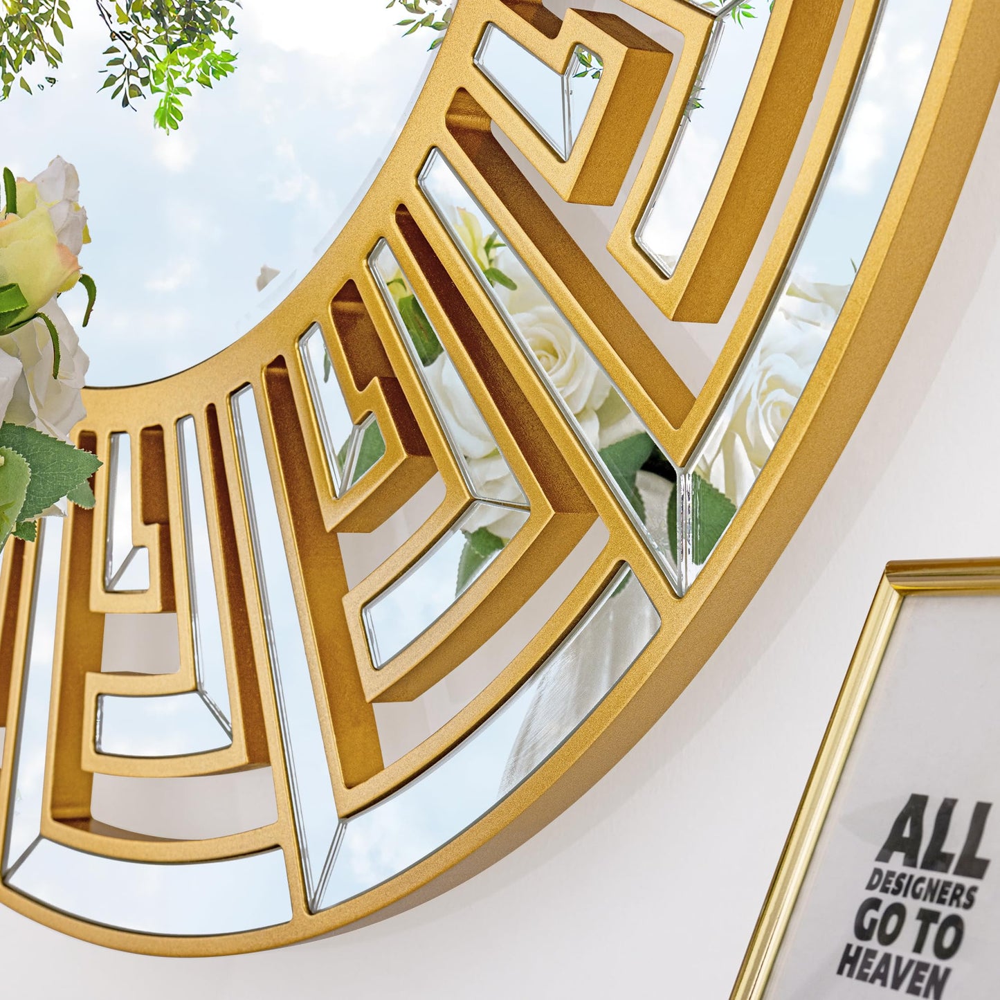 Autdot 31.5"x31.5" Gold Round Mirror with Decorative Geometric Pattern, Accent Wall Mounted Mirror for Modern Living Room, Dining Room, Bedroom, Entryway