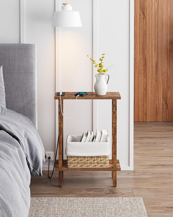 TUTOTAK Small End Table with Charging Station, Narrow Side Table with USB Ports