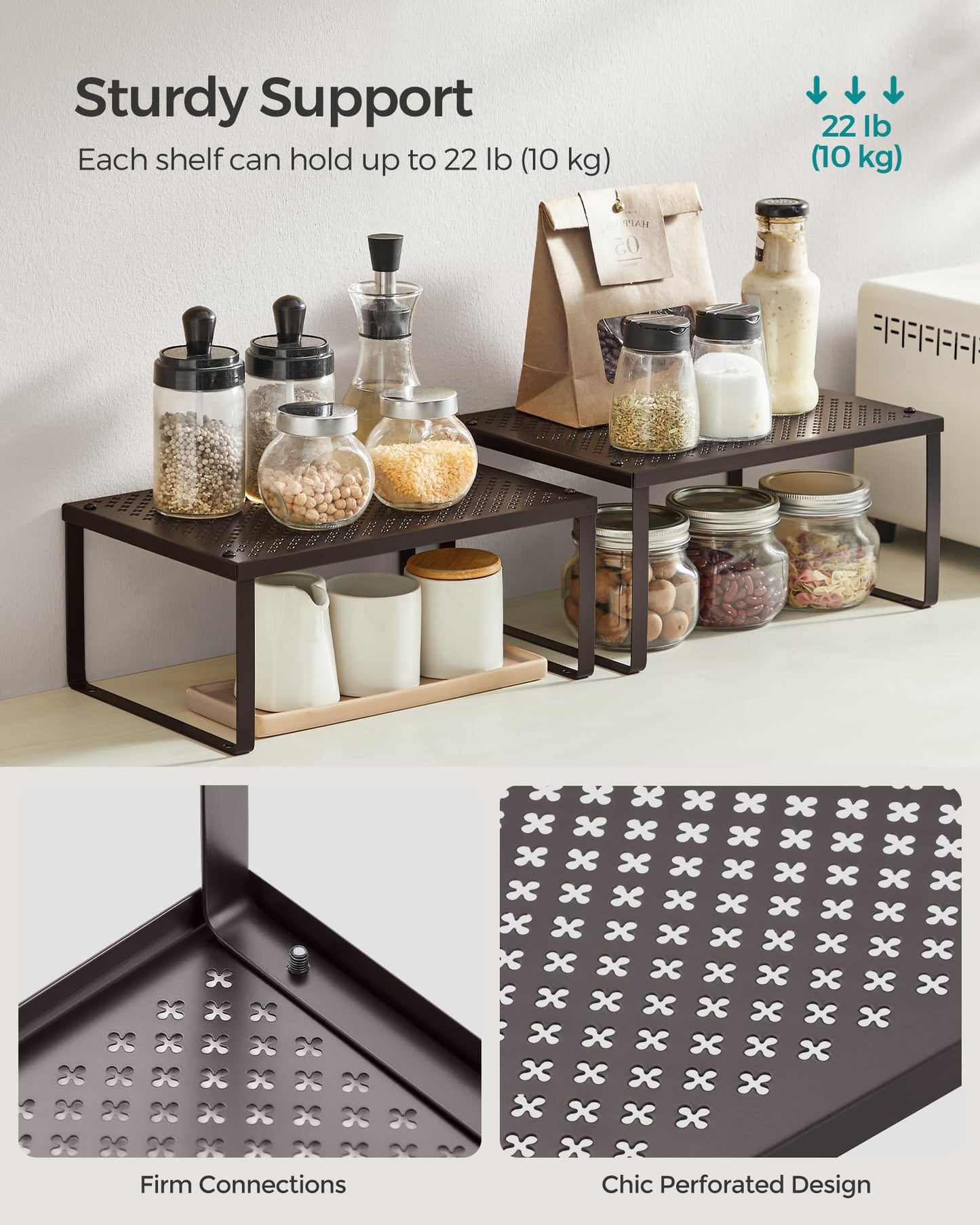 SONGMICS Spice Racks, Set of 2 Metal Cabinet Shelf Organizers, Countertop Organizers, Shelf Risers, Stackable, Expandable, Brown UKCS01BR