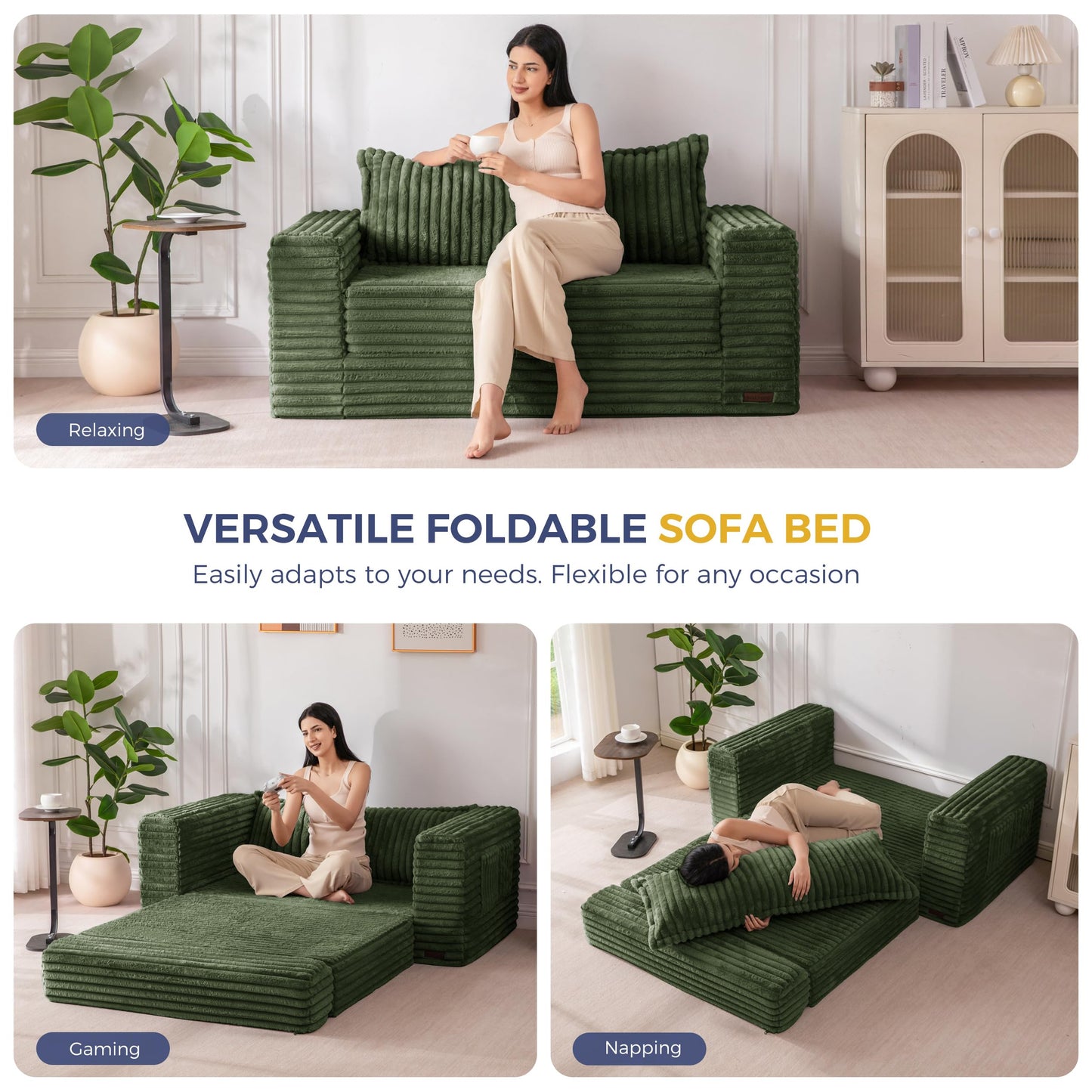 MAXYOYO Convertible Sofa Bed, 2 in 1 Folding Couch Bed for Small Space, Pull Out Loveseat Sofa Couch with Large Back Pillow, Plush Fabric Lounge Couch for Living Room, Apartment, Dark Green