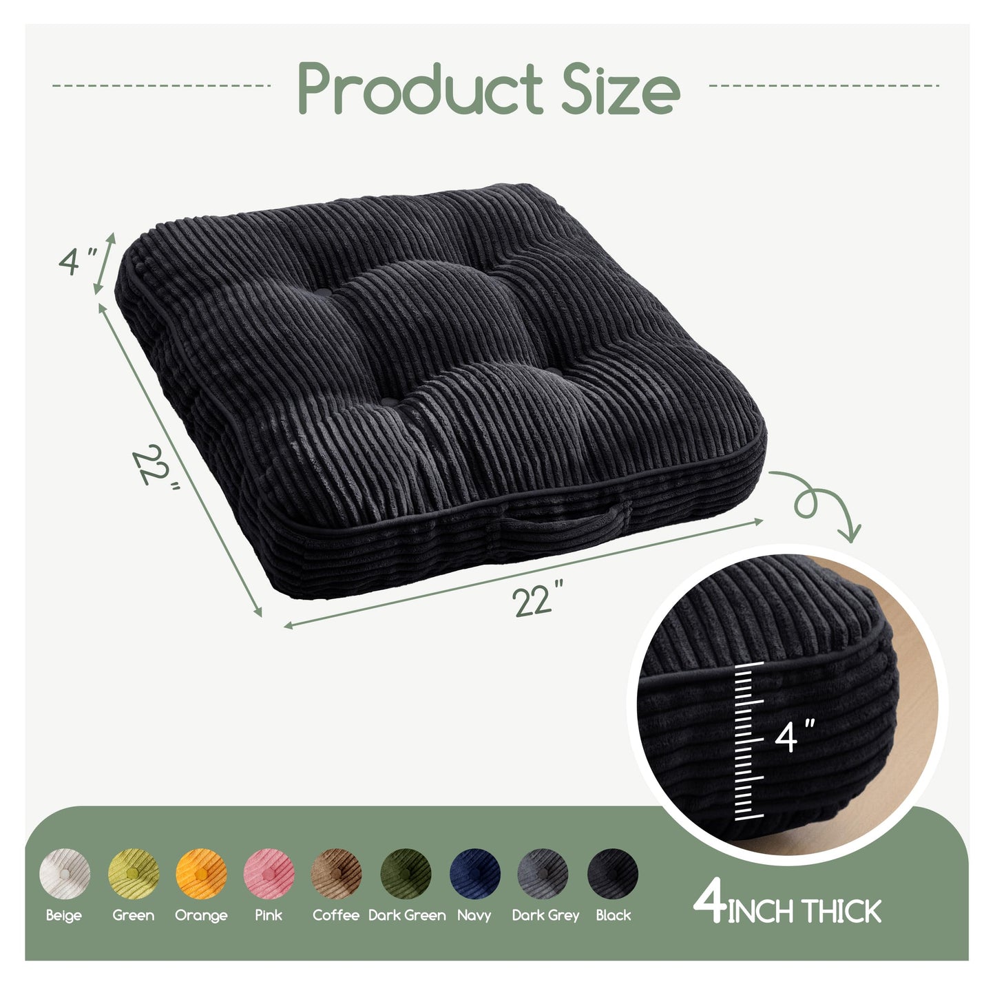 HIGOGOGO Floor Pillow Cushion for Adults, Meditation Cushion Pillow, Large Square Floor Sitting, Tufted Corduroy Cover, for Tatami Living Room or Yoga, 22x22 Inch, Black