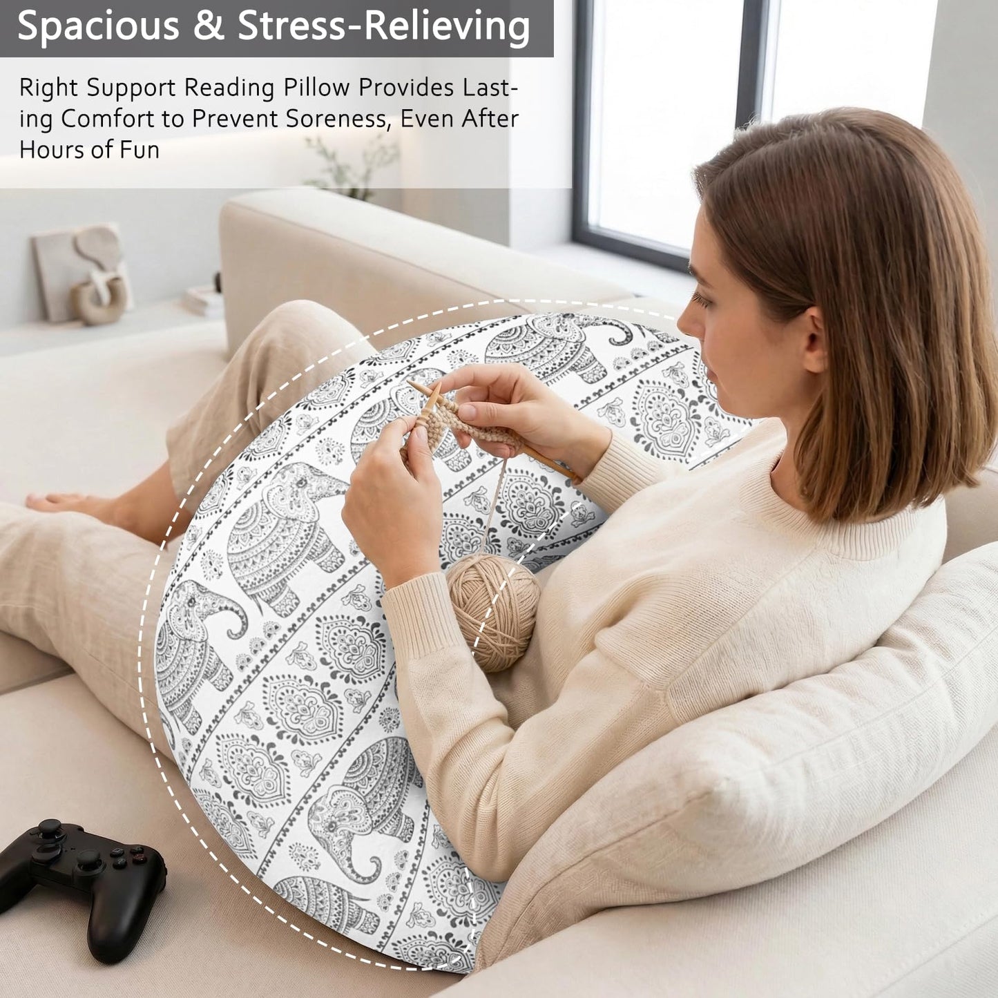 Crafting Pillow for Crocheting, Crochet Pillow for Lap Support, 12 Fun Print Styles, Ergonomic Arm Support, For Bed, Floor, Chair Comfort, Pain Relief and Fatigue for Gaming and Woking (elephant)
