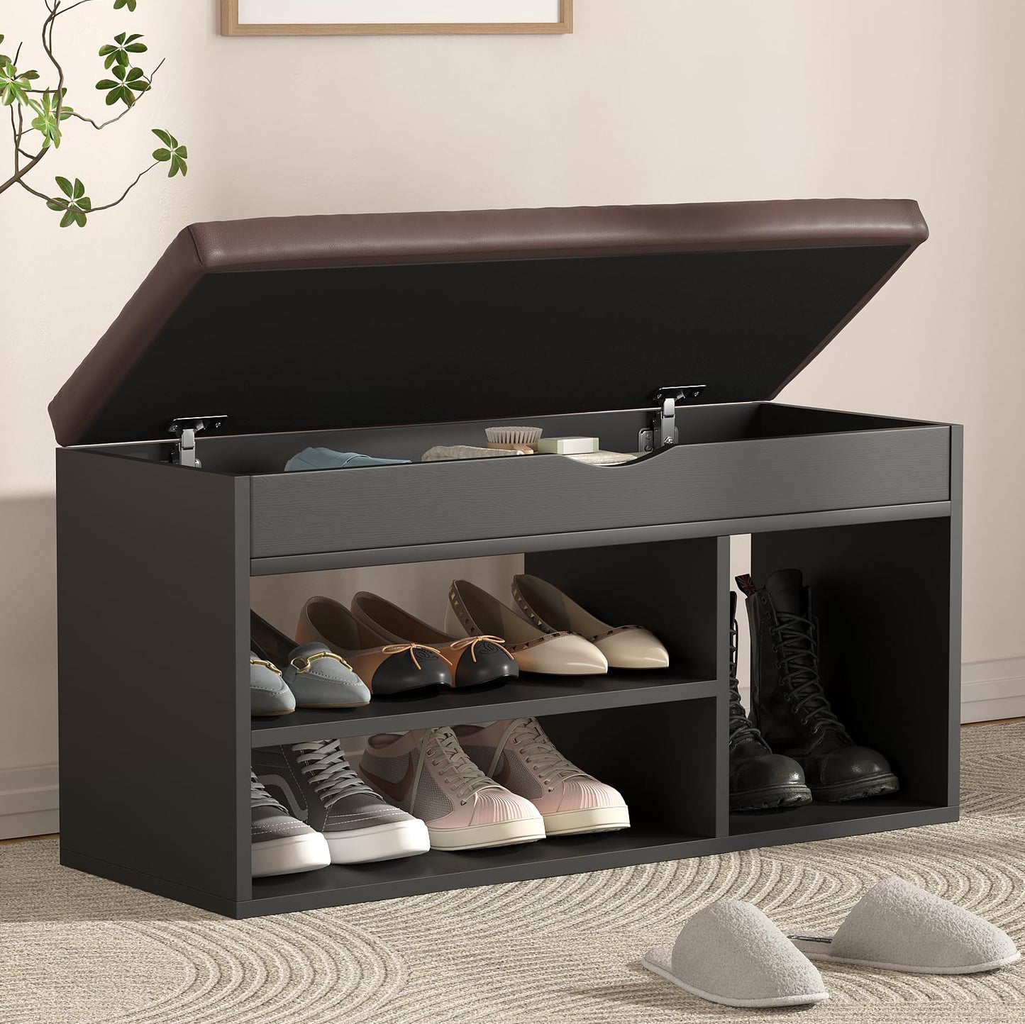 Apicizon Entryway Bench with Shoe Storage, Black, 2-Tier Shoe Rack, Padded Cushion, Wooden Frame