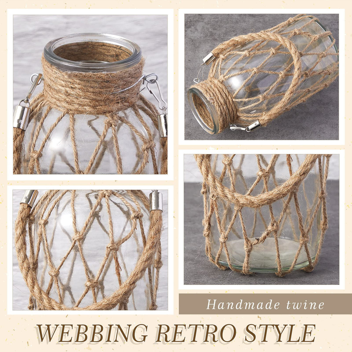 Set of 4 Rope Net Dry Flower Glass Vase 7.9 x 4 Inches Wicker Farmhouse Vase Coastal Decor for Wedding Tables Home Rustic Hanging Mason Jar Rope Wrapping Decorative Bottles Nautical Decor