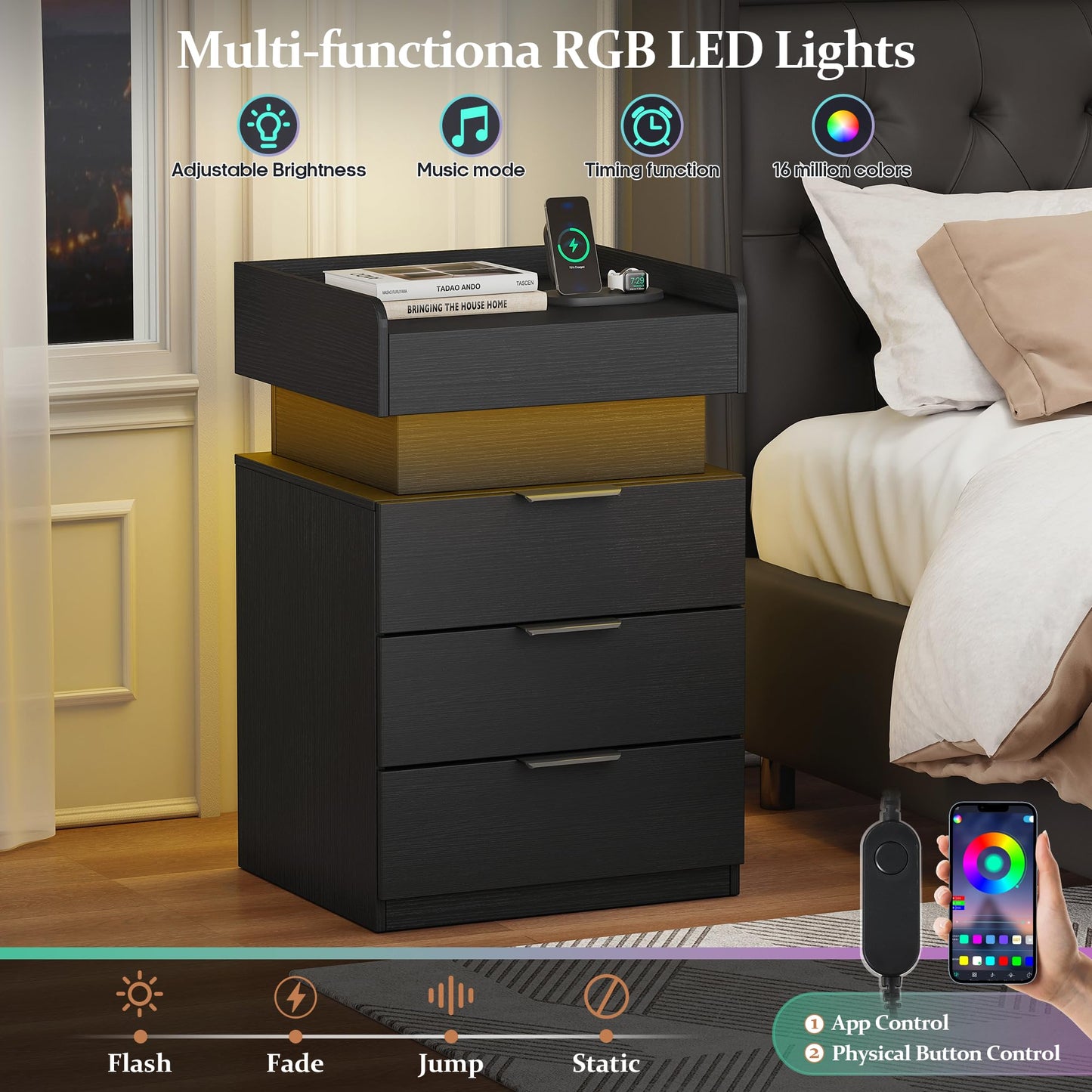 Turosur Night Stand with Gun Drawer, LED Nightstand with Charging Station, Wood Bedside Table with Hidden Storage and 3 Drawers for Bedroom, Modern Black