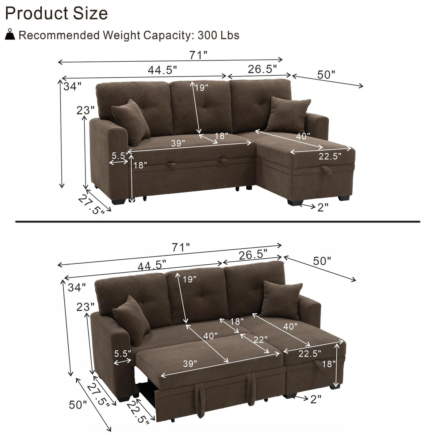WuerQi 71" Sofa Bed with Queen Size Pull Out Couch, Sectional Sleeper Sofa with Reversible Storage Chaise, L Shaped Couch for Living Room, Apartment and Small Spaces (Coffee-L Shaped)