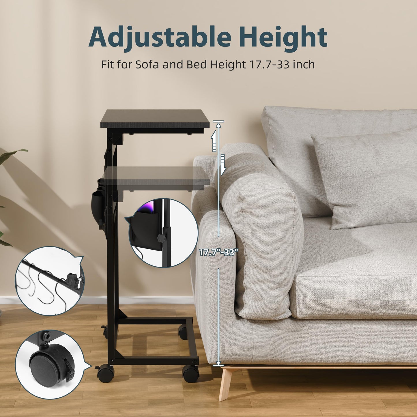 DENYKO Adjustable Height Couch Table with USB-C Charging Station & Pocket Storage – Compact Couch Stand with Hooks & Wheels for Small Spaces & Living Room, Adjustable C Table (Black)